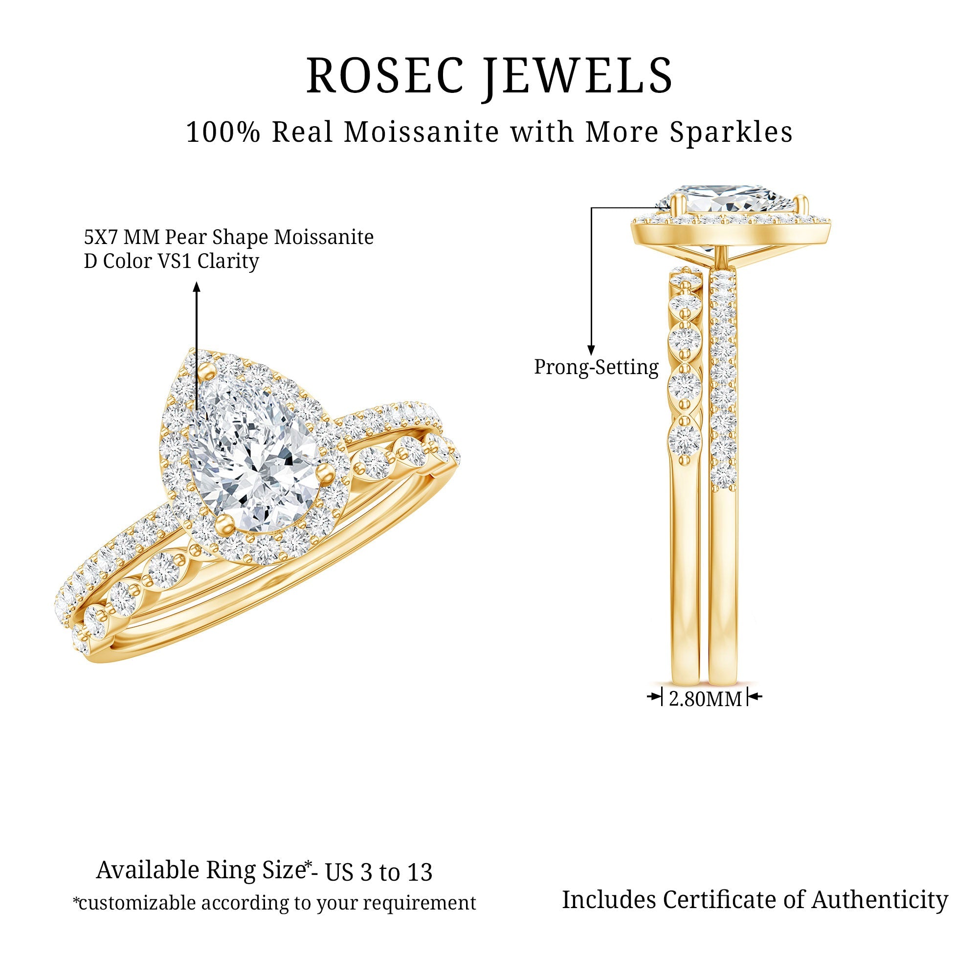 0.7 Carat Moissanite Teardrop Wedding Ring Set with Halo