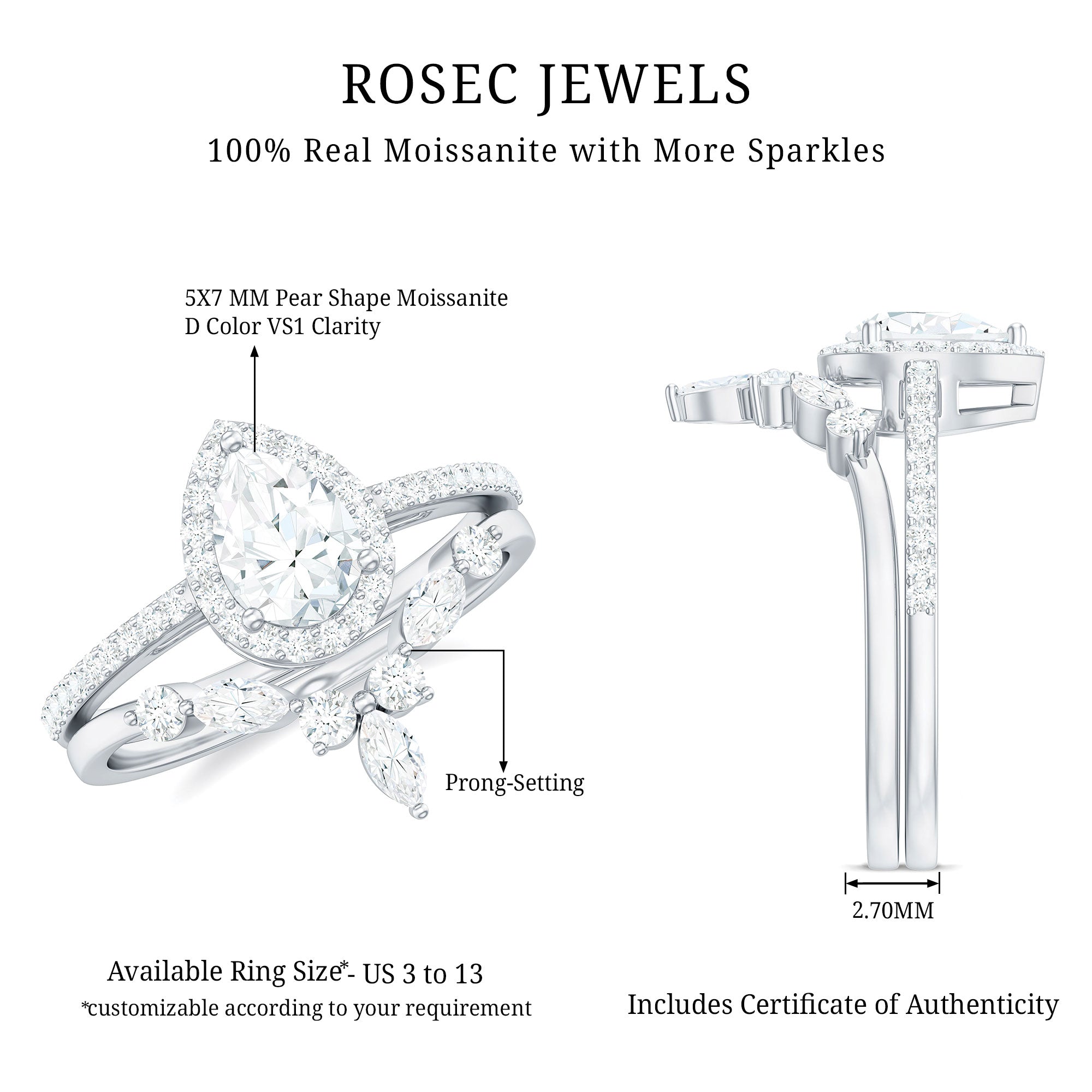 Pear Cut Moissanite Halo Bridal Ring Set with Certificate