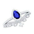 Lab Grown Blue Sapphire Pear Shaped Engagement Ring Set with Diamond