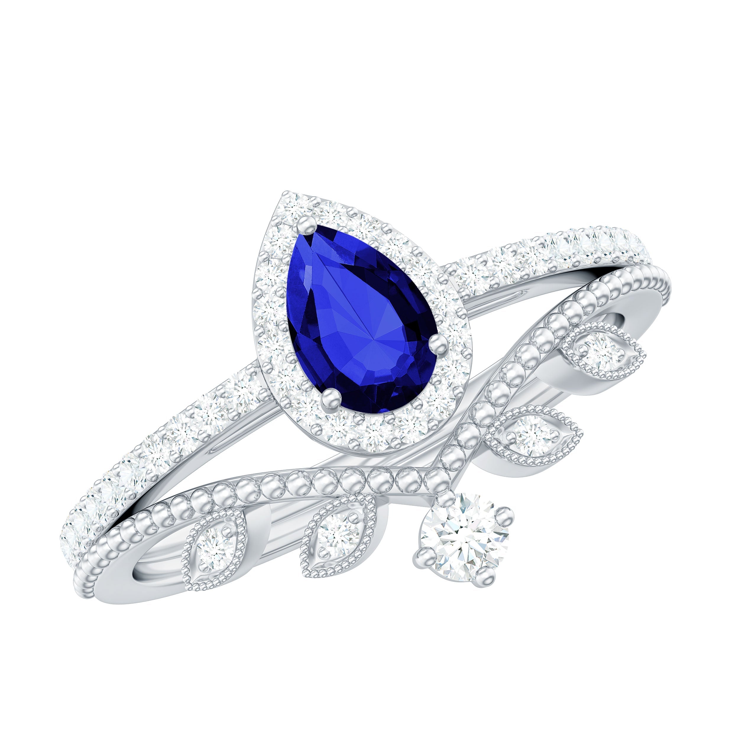 Lab Grown Blue Sapphire Pear Shaped Engagement Ring Set with Diamond