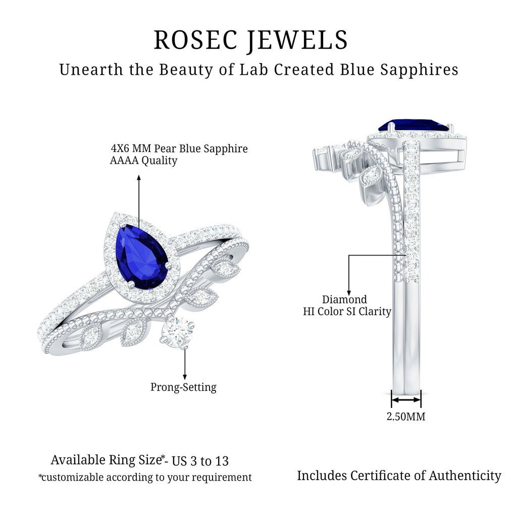 Lab Grown Blue Sapphire Pear Shaped Engagement Ring Set with Diamond