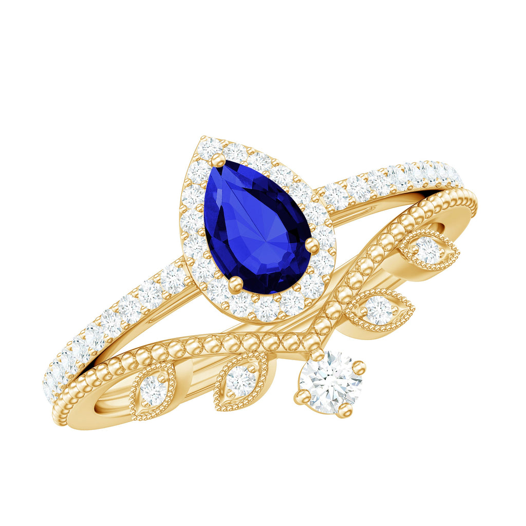 Lab Grown Blue Sapphire Pear Shaped Engagement Ring Set with Diamond