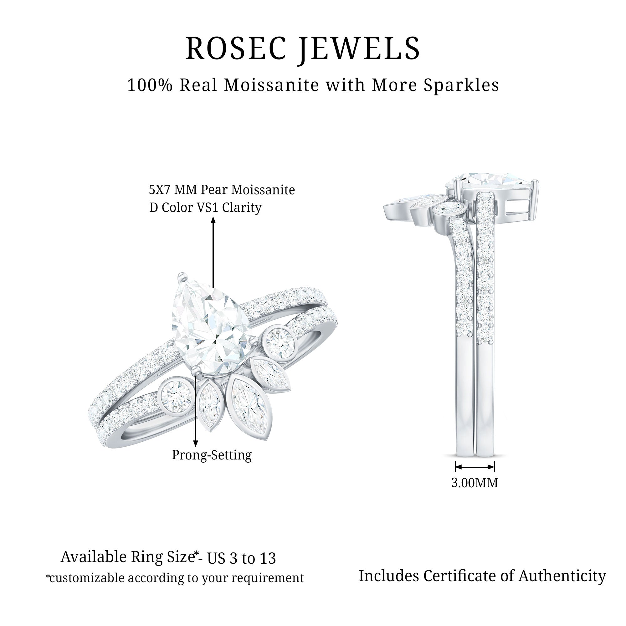 Pear Cut Moissanite Solitaire Bridal Ring Set with Certificate