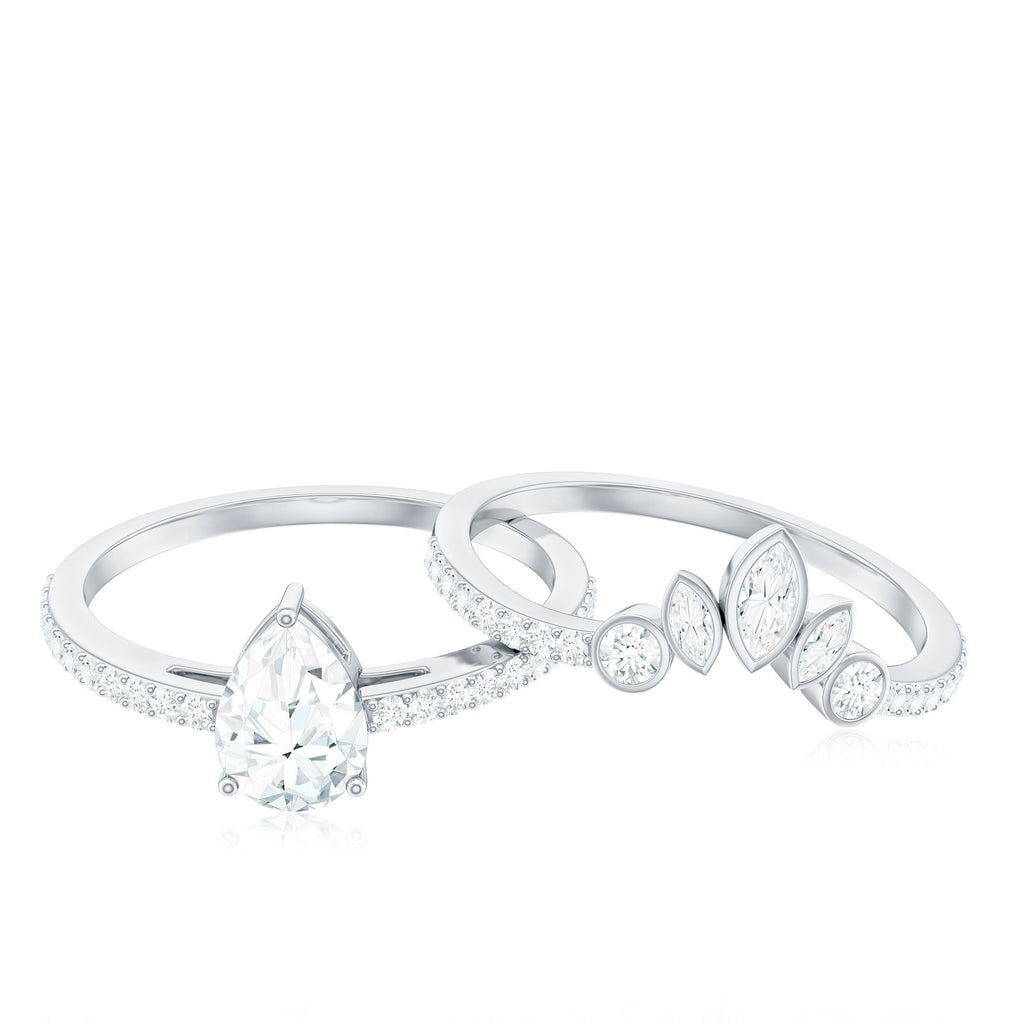 Pear Cut Moissanite Solitaire Bridal Ring Set with Certificate