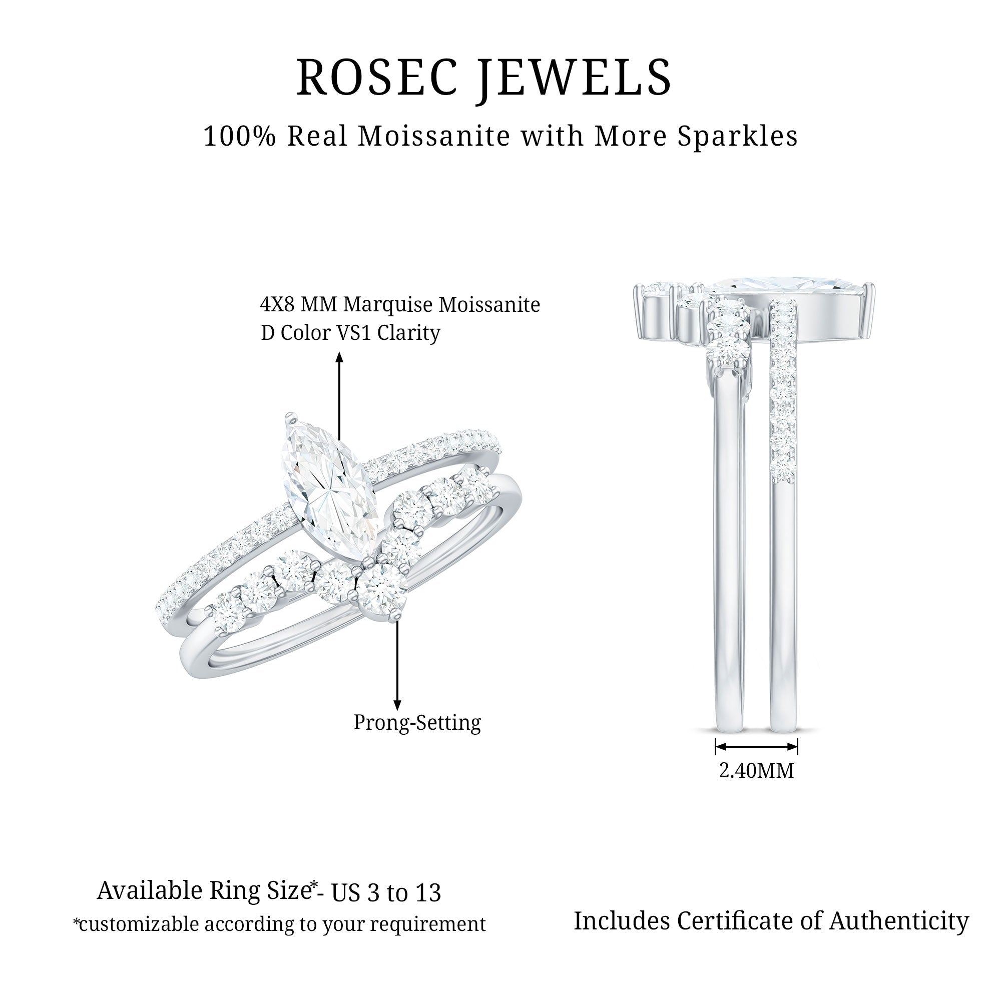 Marquise Cut Moissanite Engagement Ring with V-Shaped Wedding Band