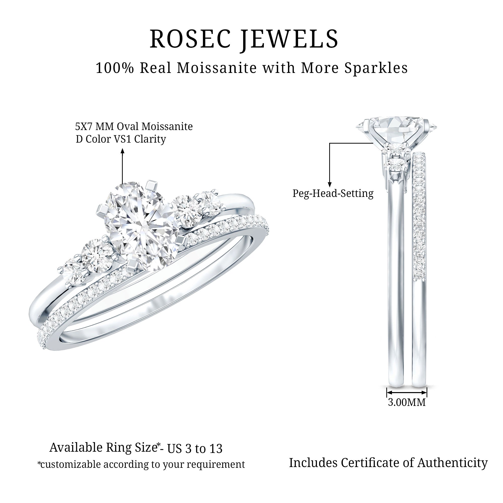 Certified Moissanite Oval Engagement Ring with Wedding Band