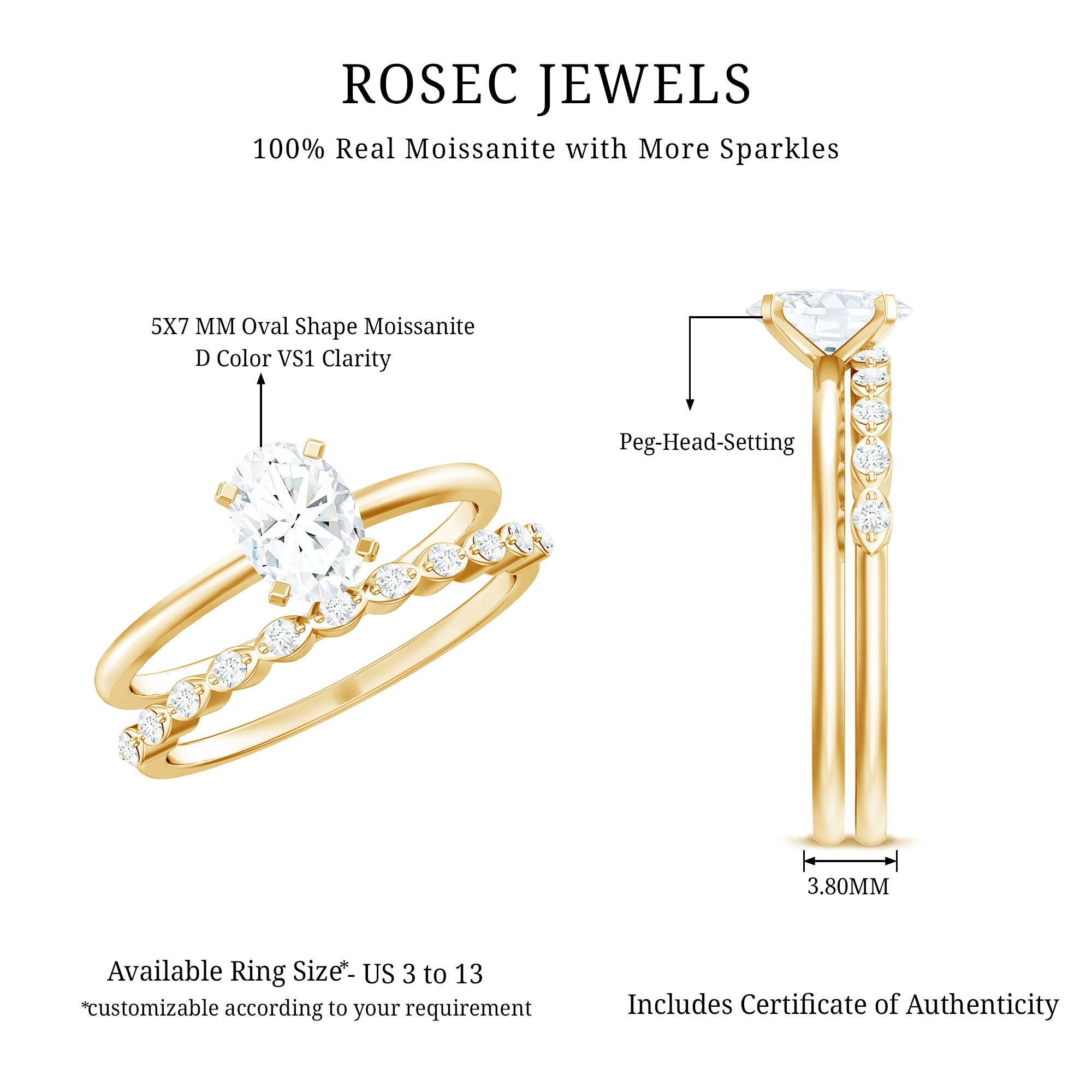 Oval Cut Moissanite Solitaire Bridal Ring Set for Women