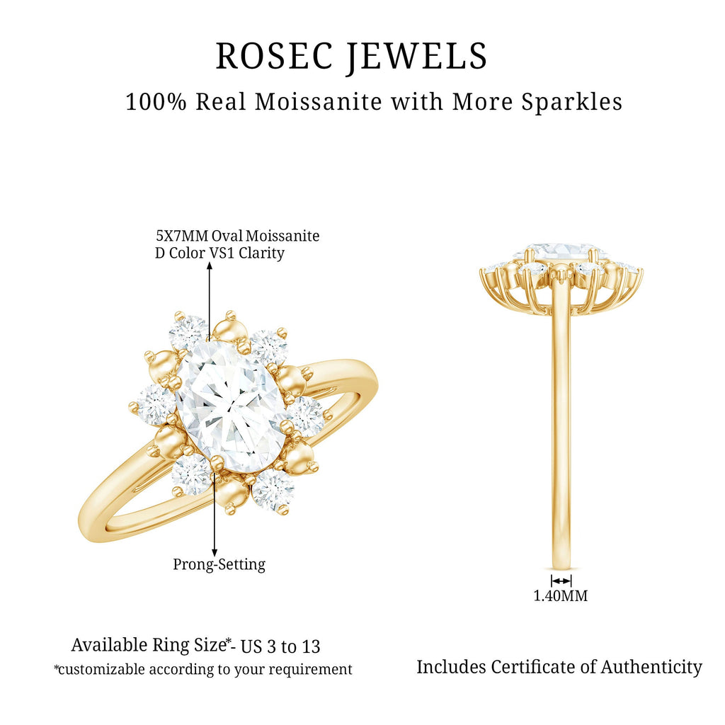 Certified Oval Moissanite Flower Halo Engagement Ring