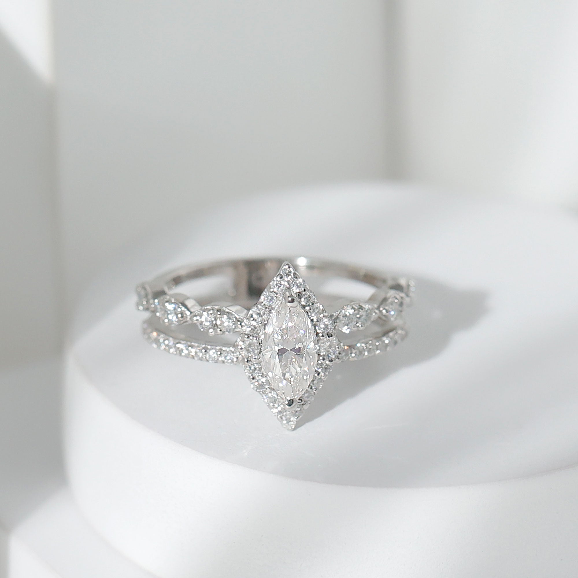 Marquise Cut Moissanite Double Band Engagement Ring with Certificate