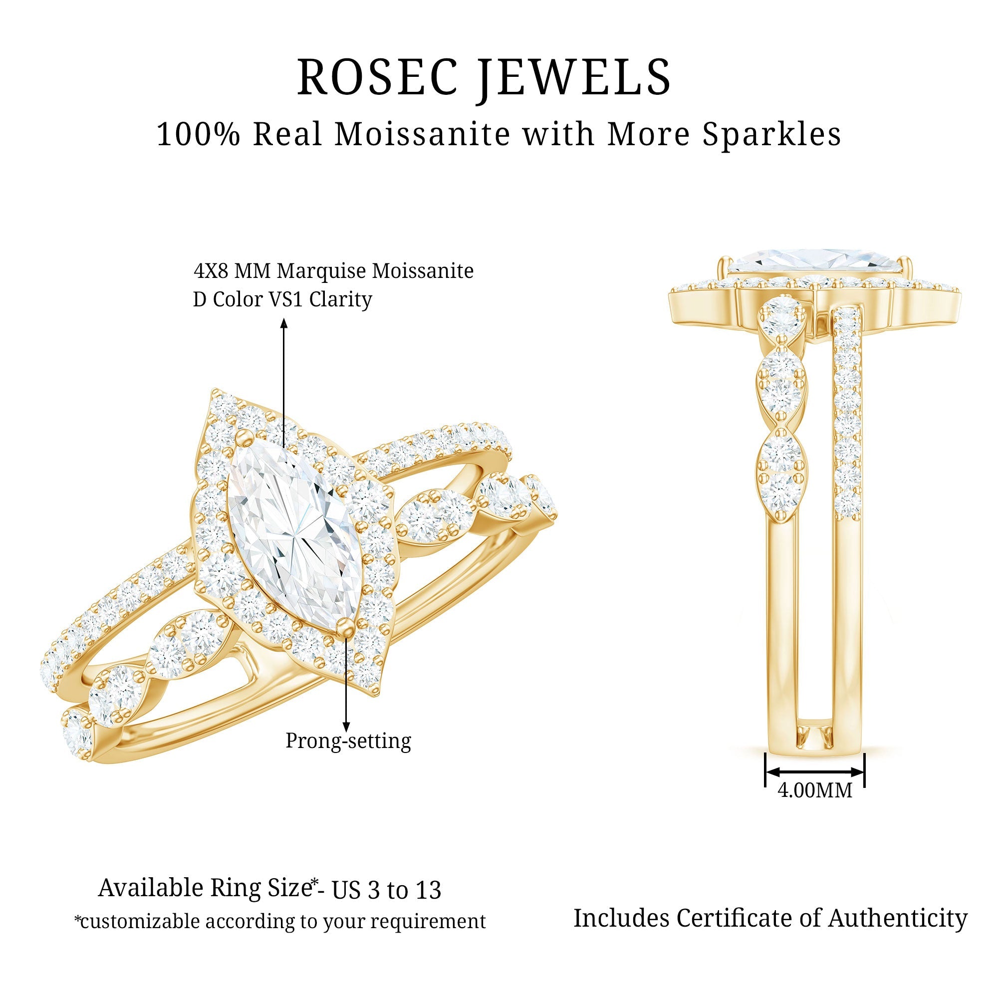 Marquise Cut Moissanite Double Band Engagement Ring with Certificate