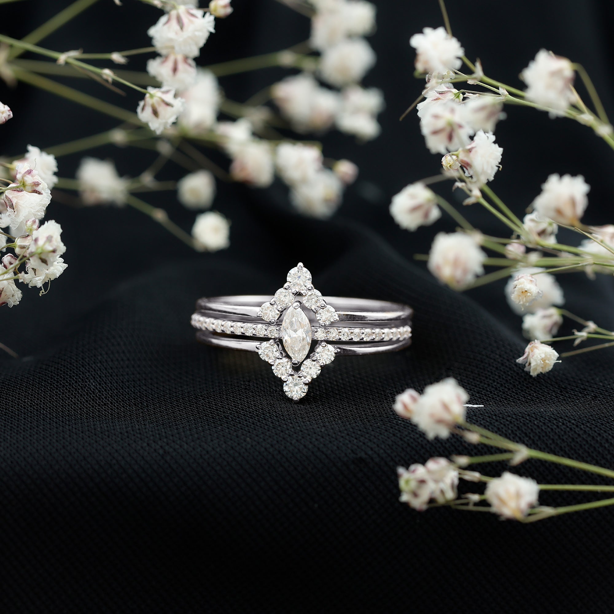 Marquise Cut Moissanite Solitaire Trio Ring Set