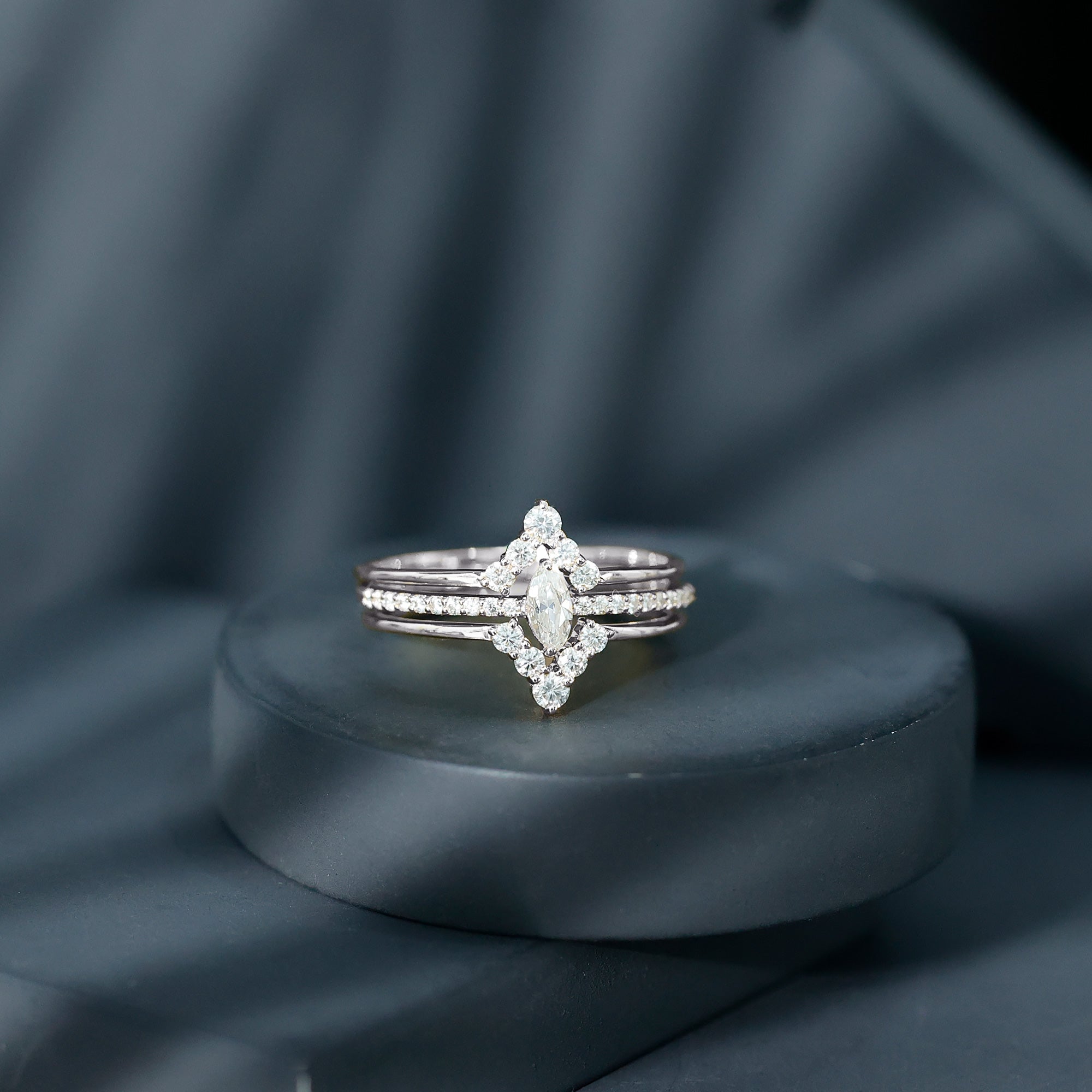 Marquise Cut Moissanite Solitaire Trio Ring Set