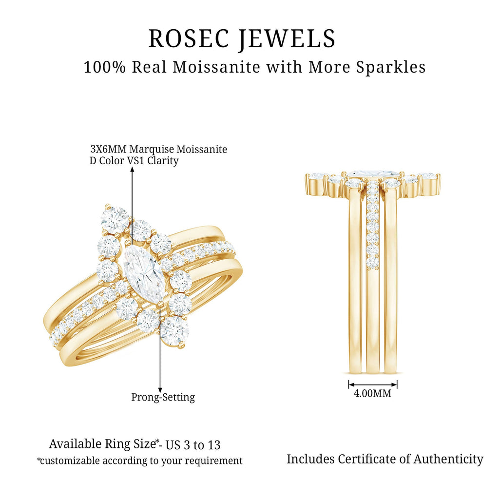 Marquise Cut Moissanite Solitaire Trio Ring Set