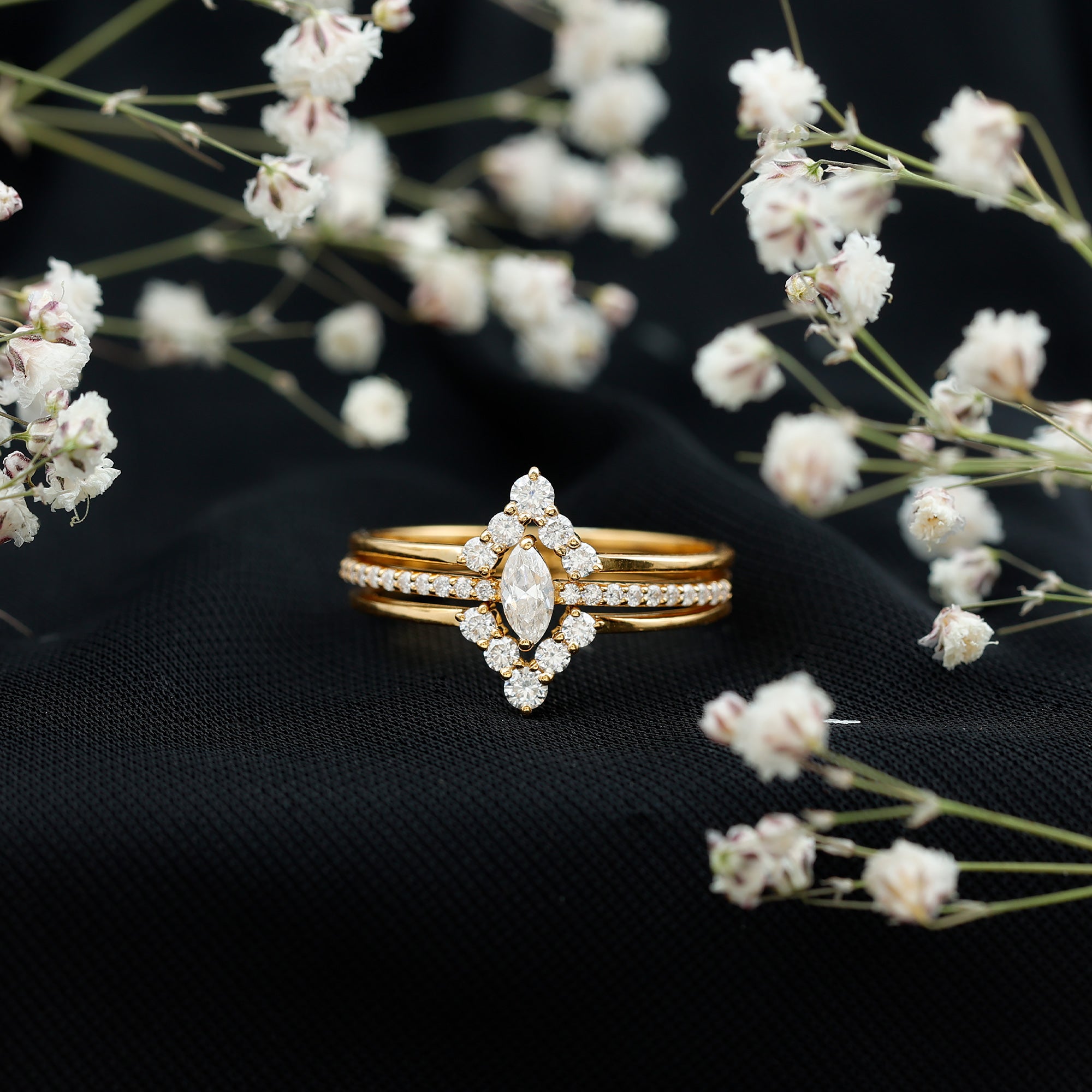 Marquise Cut Moissanite Solitaire Trio Ring Set
