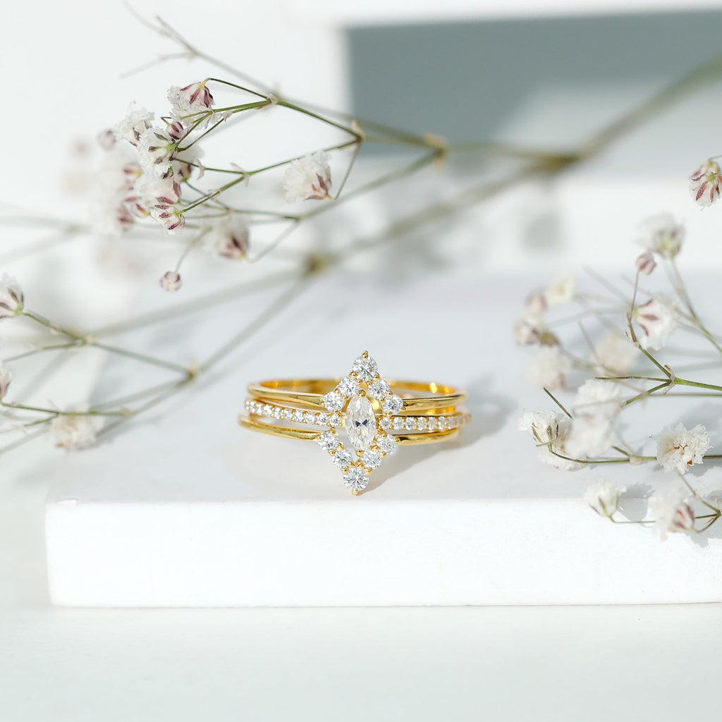 Marquise Cut Moissanite Solitaire Trio Ring Set