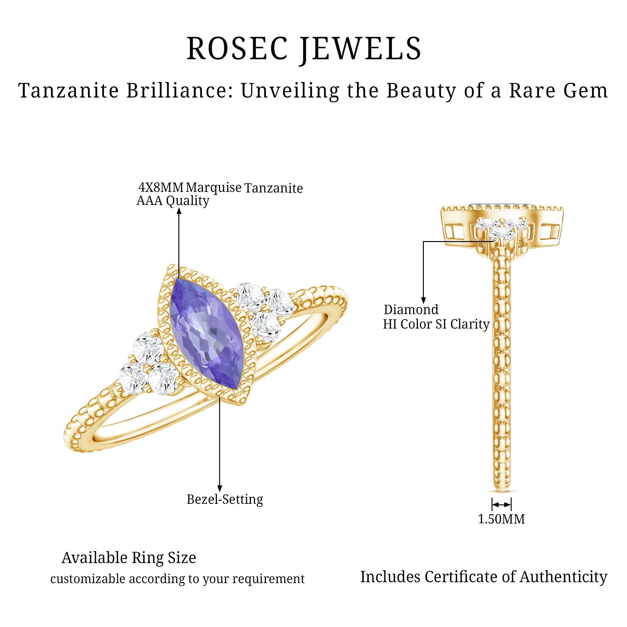 Vintage Style Marquise Tanzanite Promise Ring with Diamond Trio