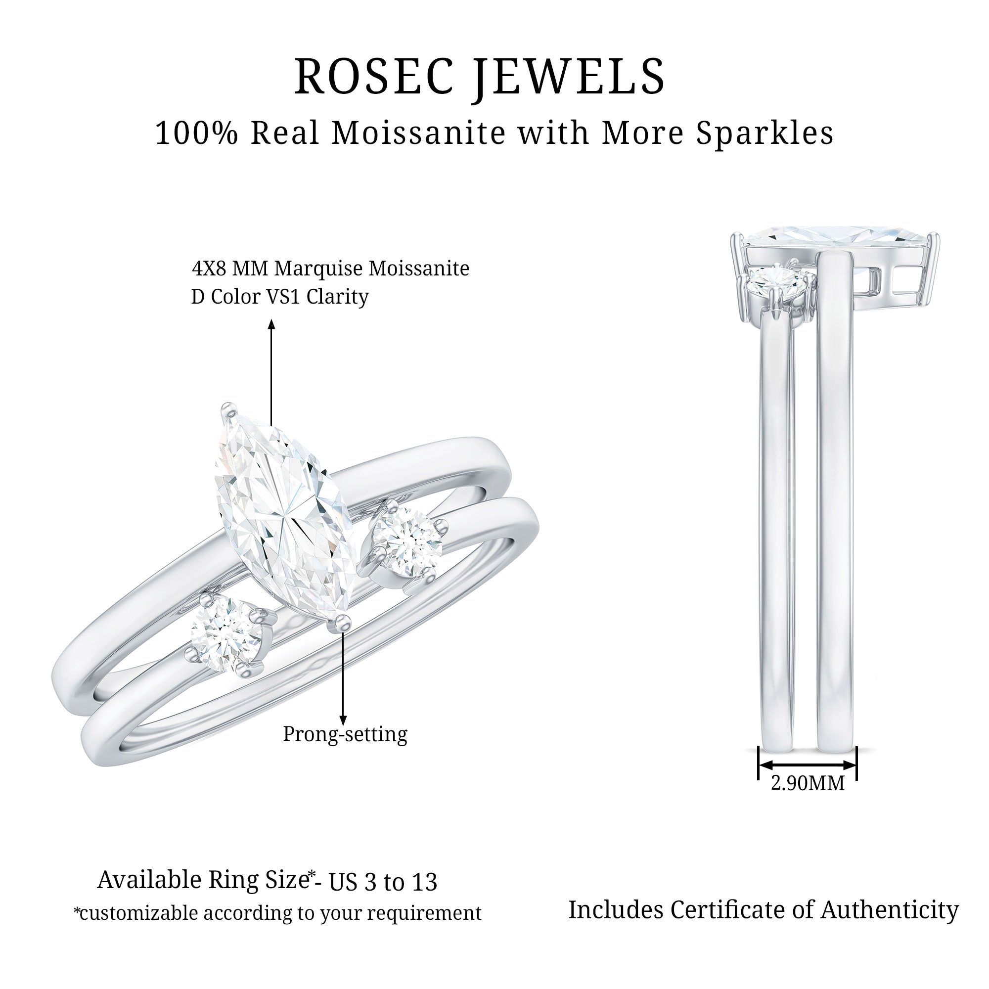 Marquise Cut Moissanite Engagement Ring with Stackable Band