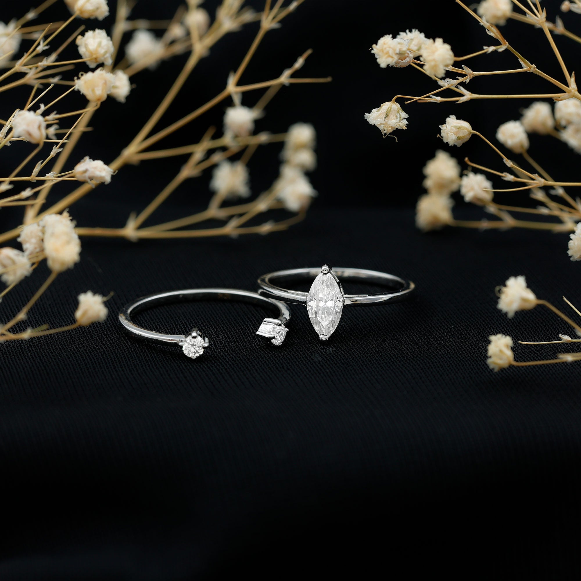 Marquise Cut Moissanite Engagement Ring with Stackable Band