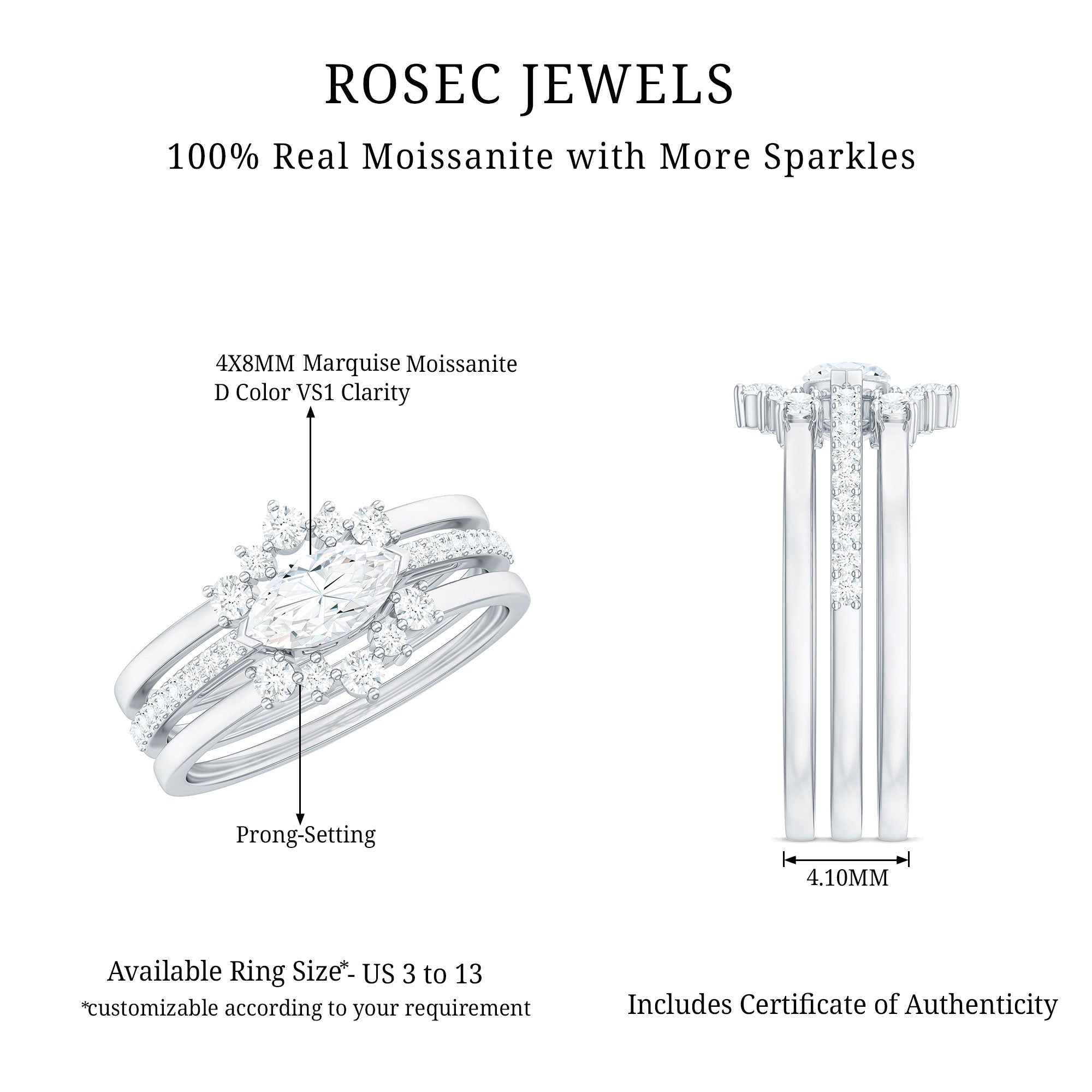 Certified Moissanite Trio Bridal Ring Set for Women