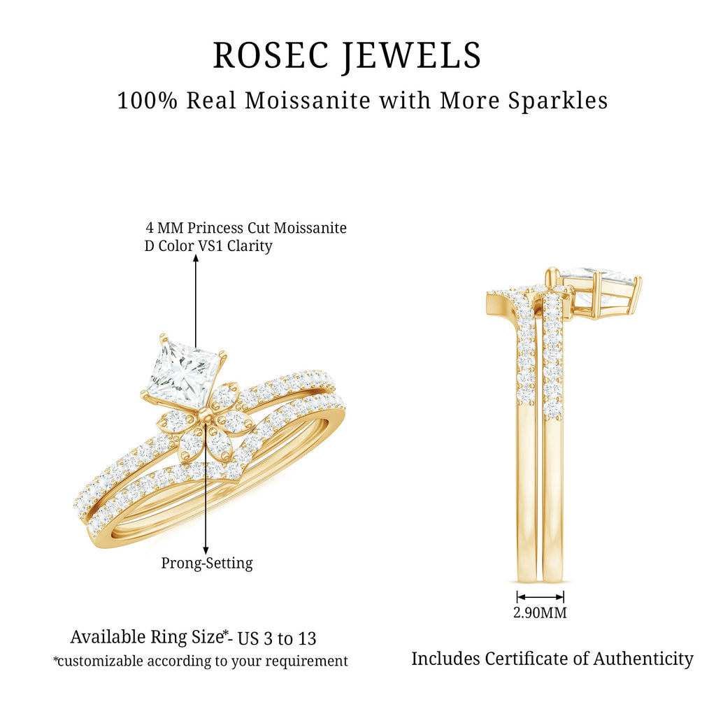 Princess Cut Certified Moissanite Flower Wedding Ring Set