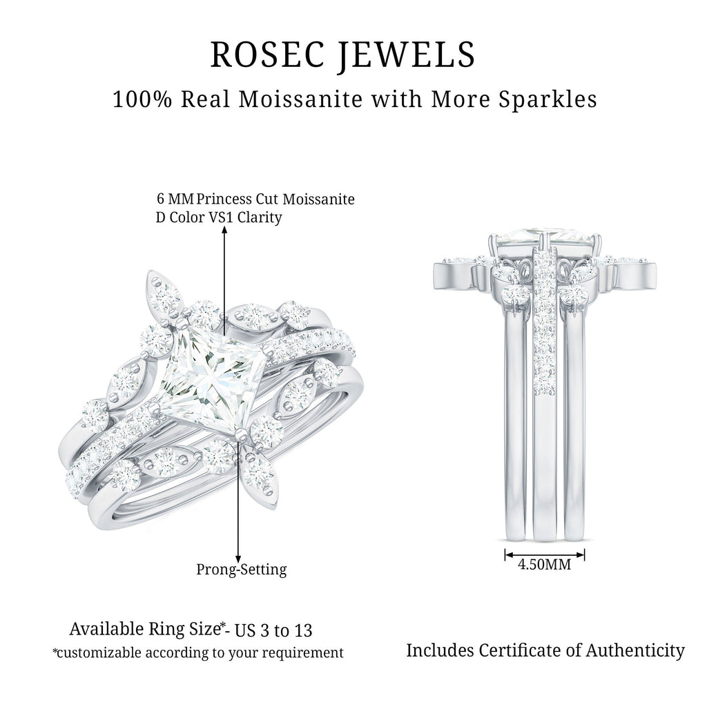 Classic Trio Bridal Ring Set with Princess and Round Cut Moissanites
