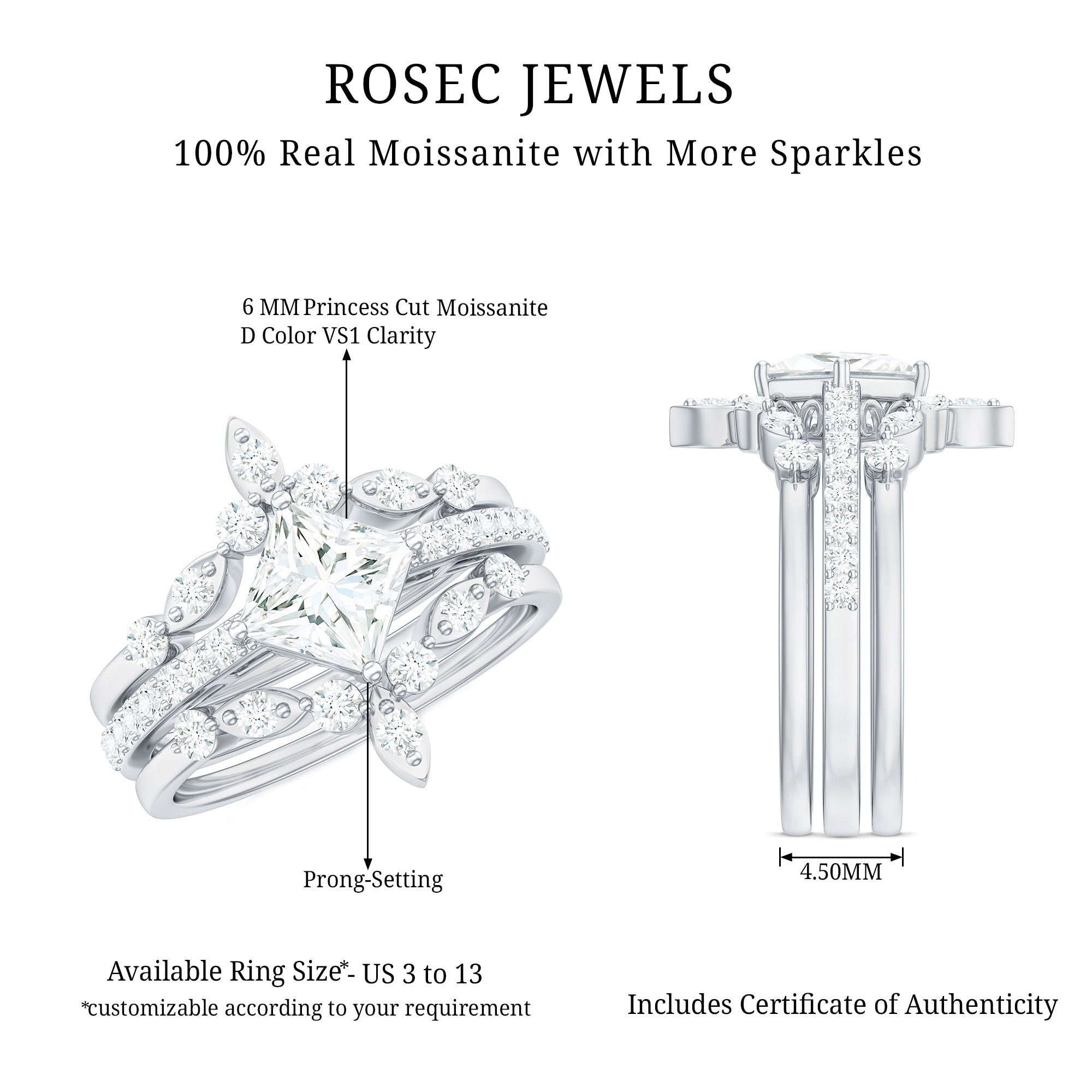 Classic Trio Bridal Ring Set with Princess and Round Cut Moissanites