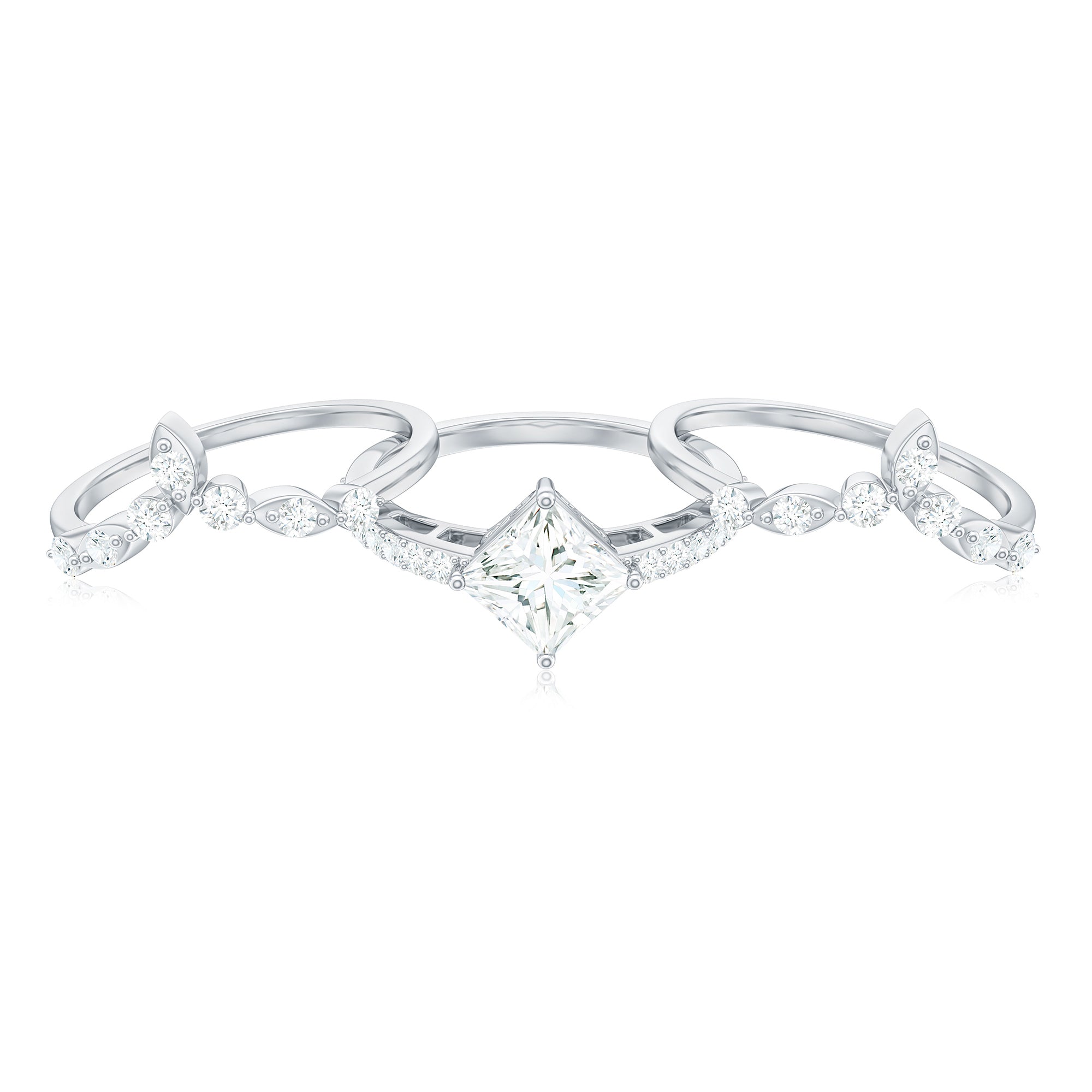 Classic Trio Bridal Ring Set with Princess and Round Cut Moissanites