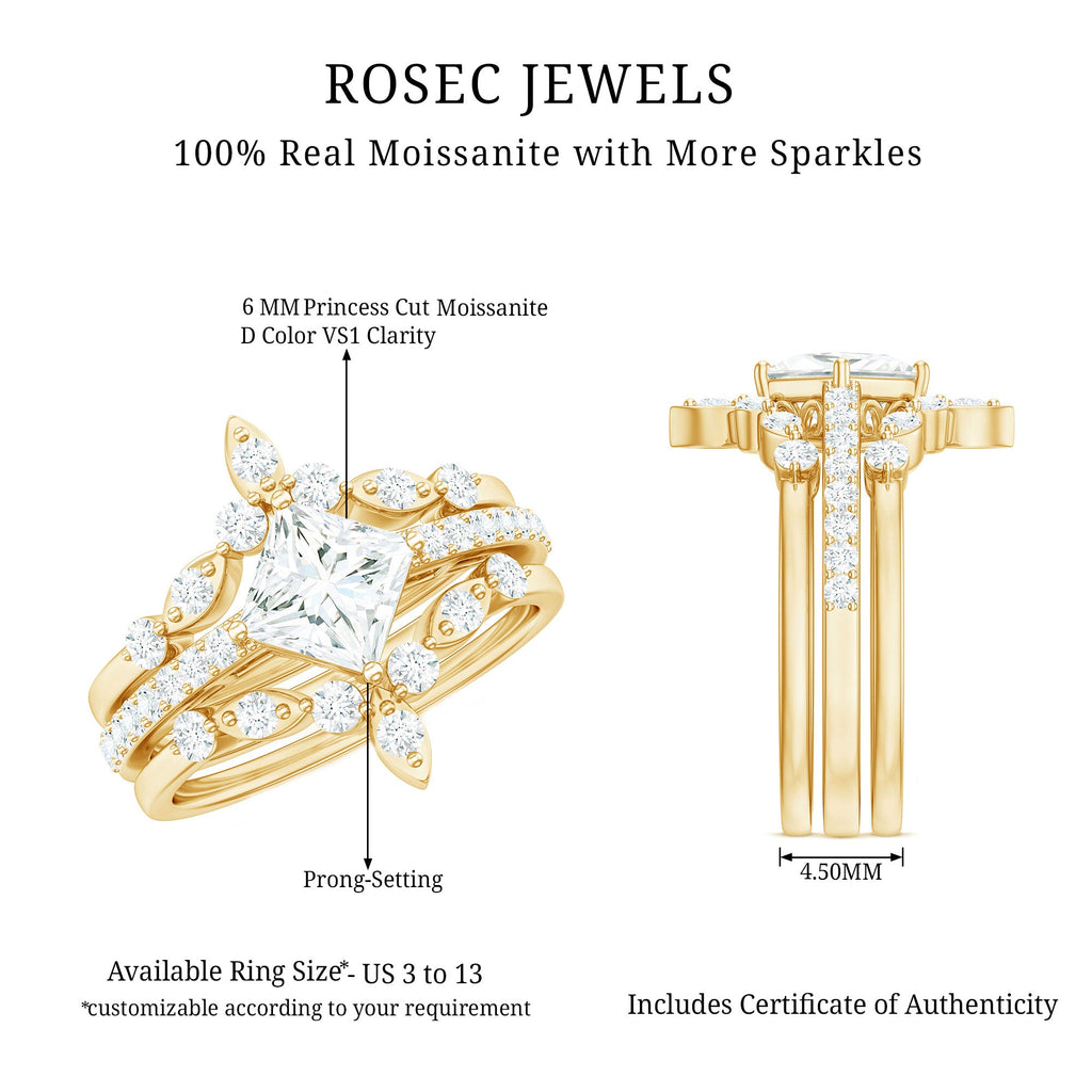 Classic Trio Bridal Ring Set with Princess and Round Cut Moissanites