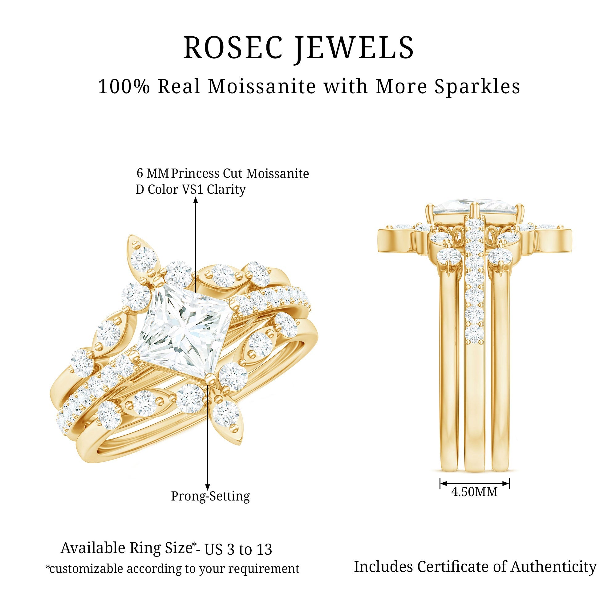 Classic Trio Bridal Ring Set with Princess and Round Cut Moissanites