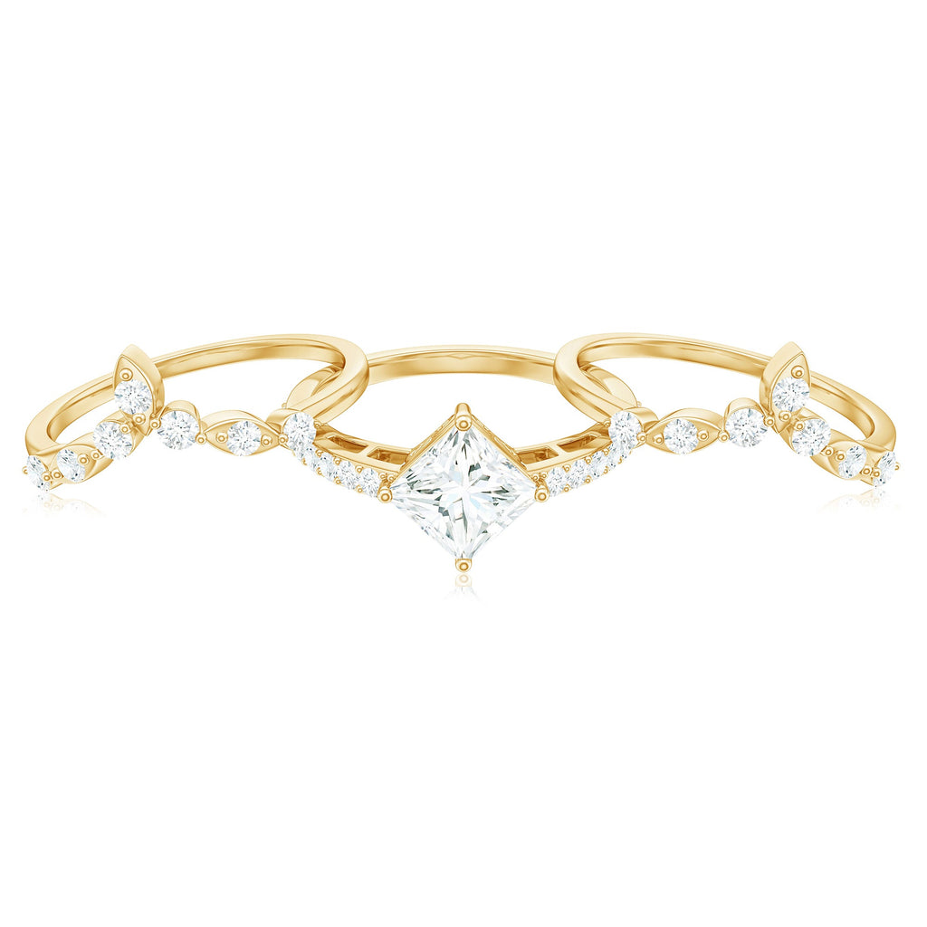 Classic Trio Bridal Ring Set with Princess and Round Cut Moissanites