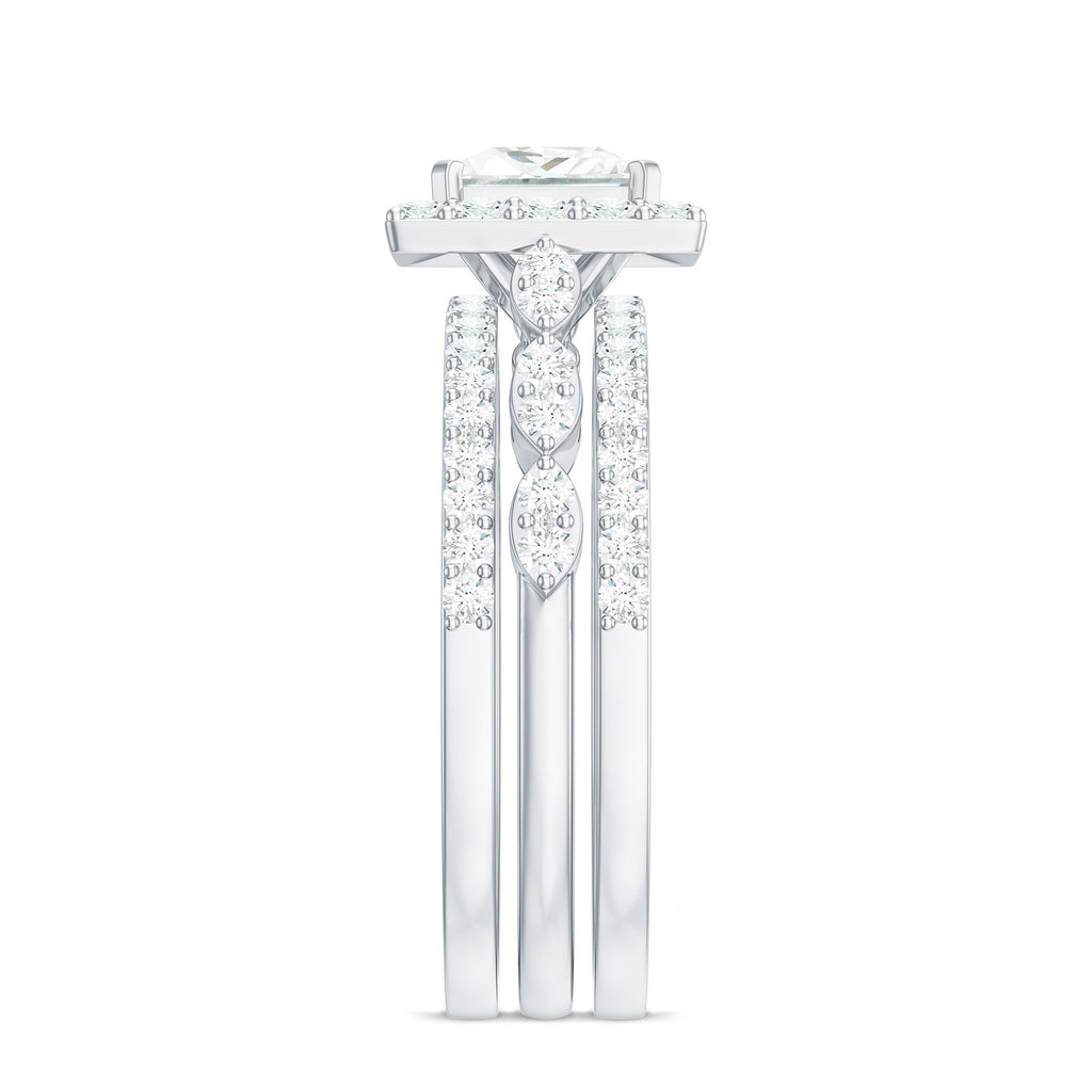 Princess Cut Moissanite Halo Engagement Ring with Wedding Bands