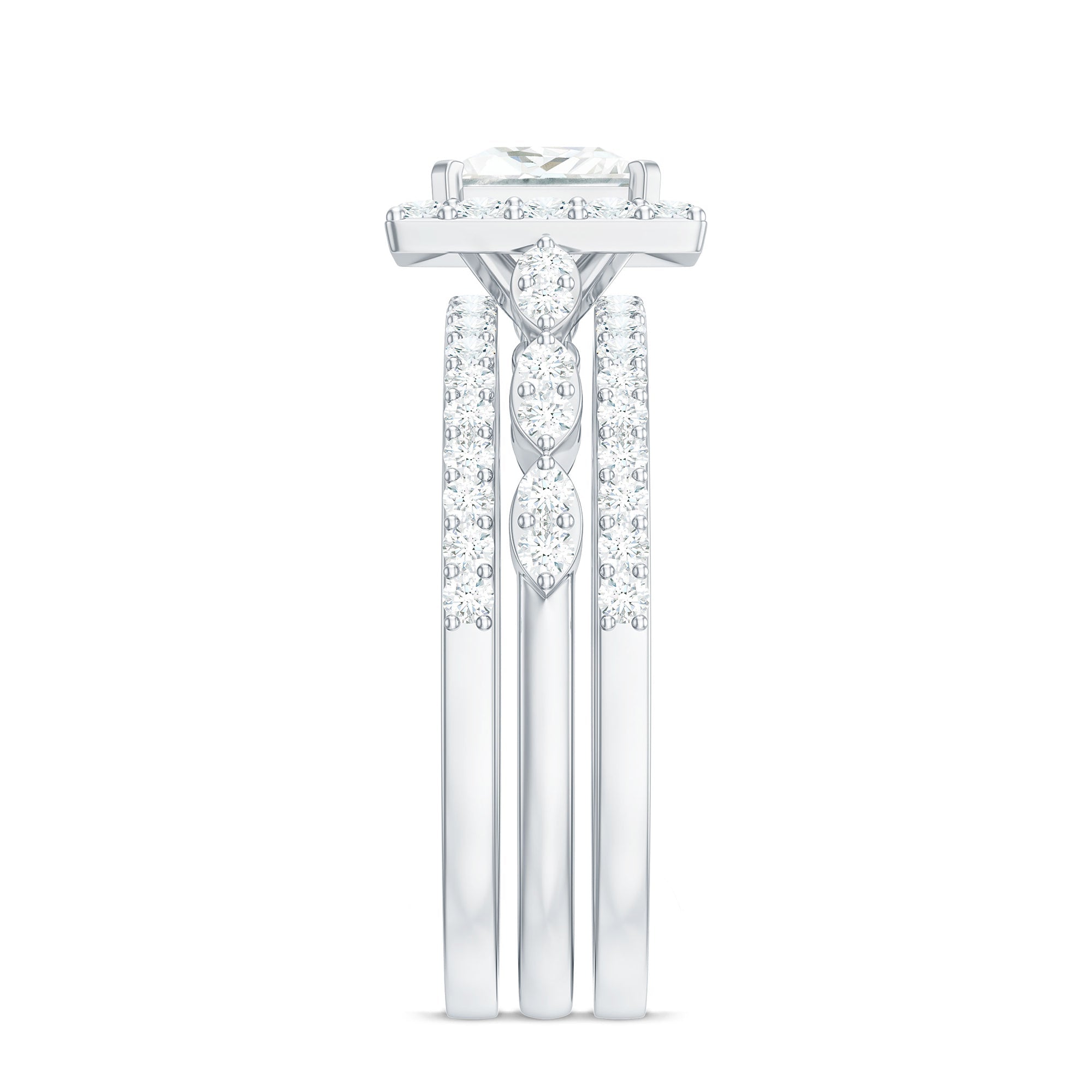 Princess Cut Moissanite Halo Engagement Ring with Wedding Bands