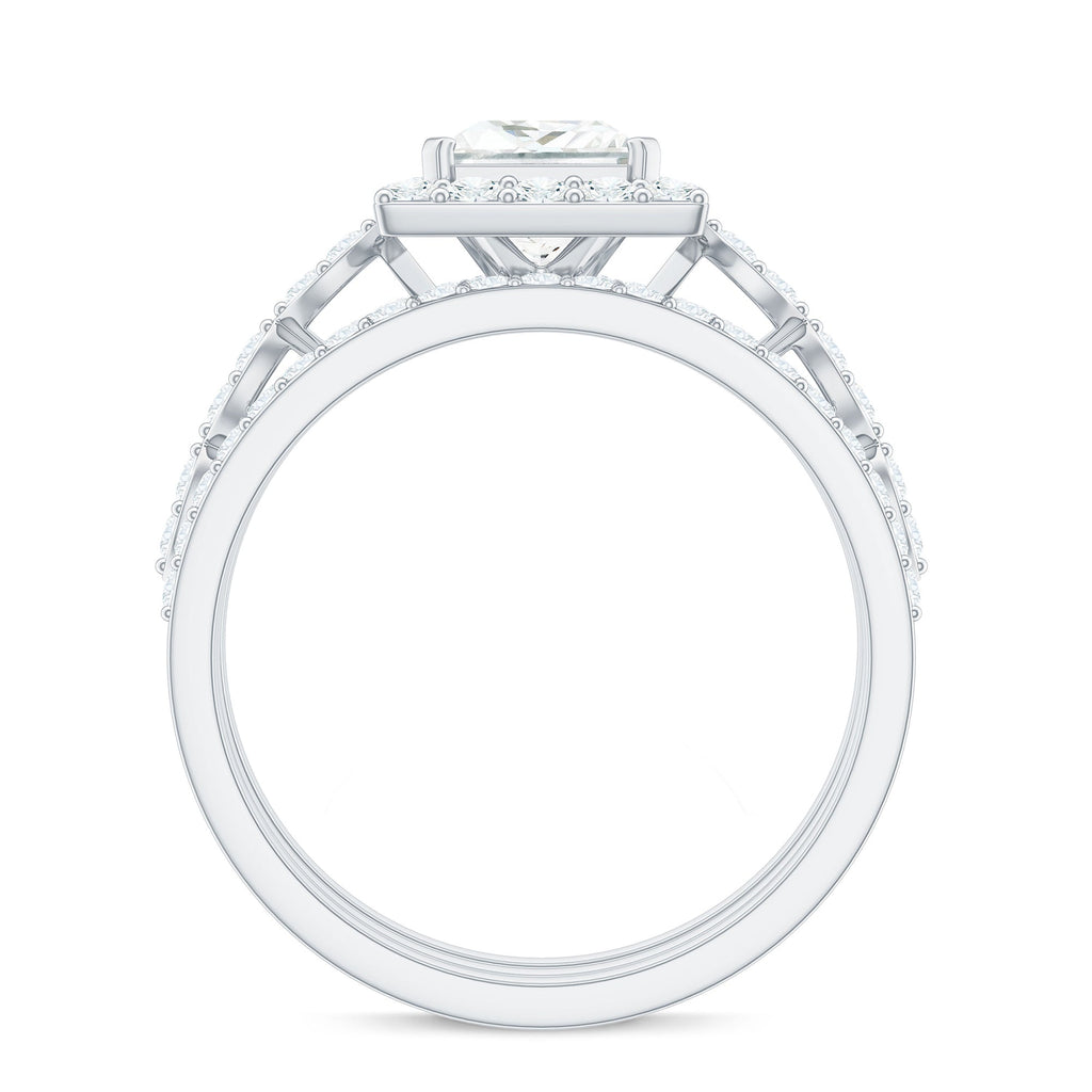 Princess Cut Moissanite Halo Engagement Ring with Wedding Bands