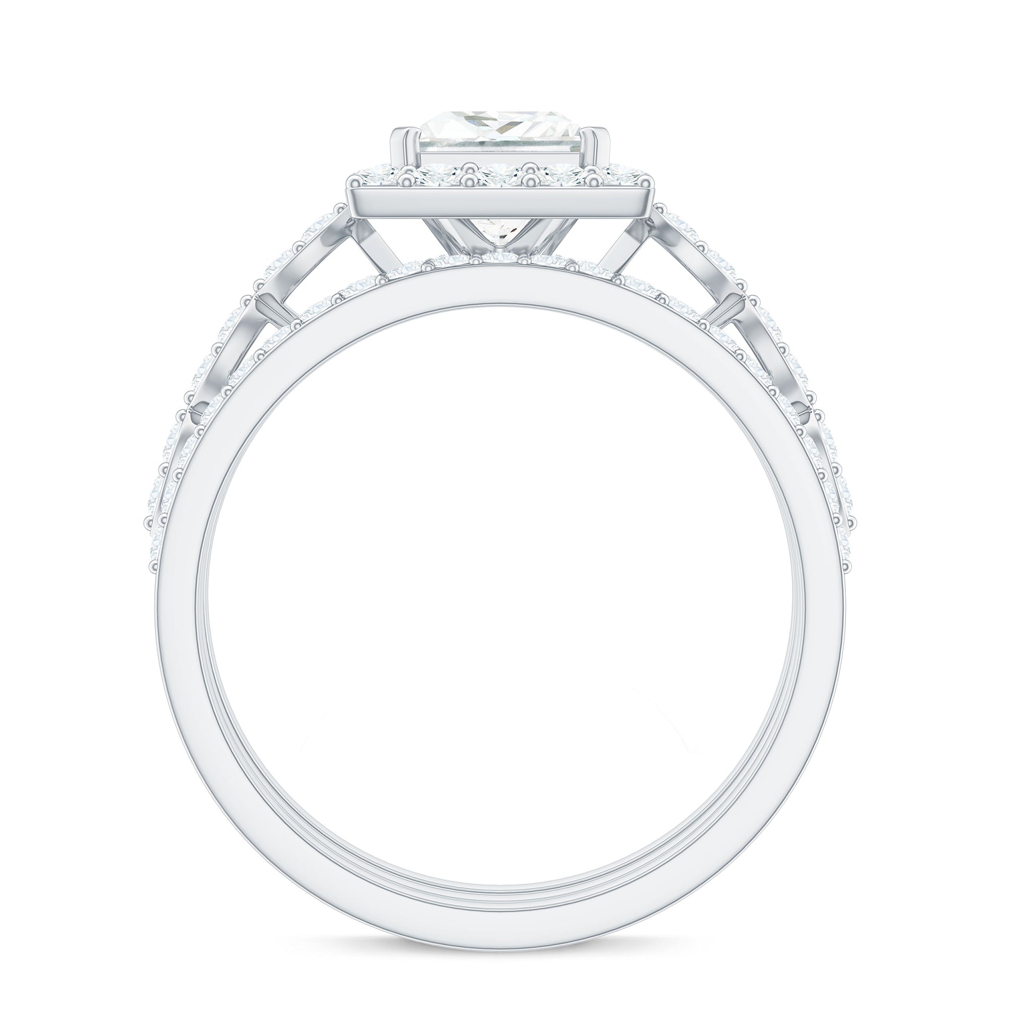 Princess Cut Moissanite Halo Engagement Ring with Wedding Bands