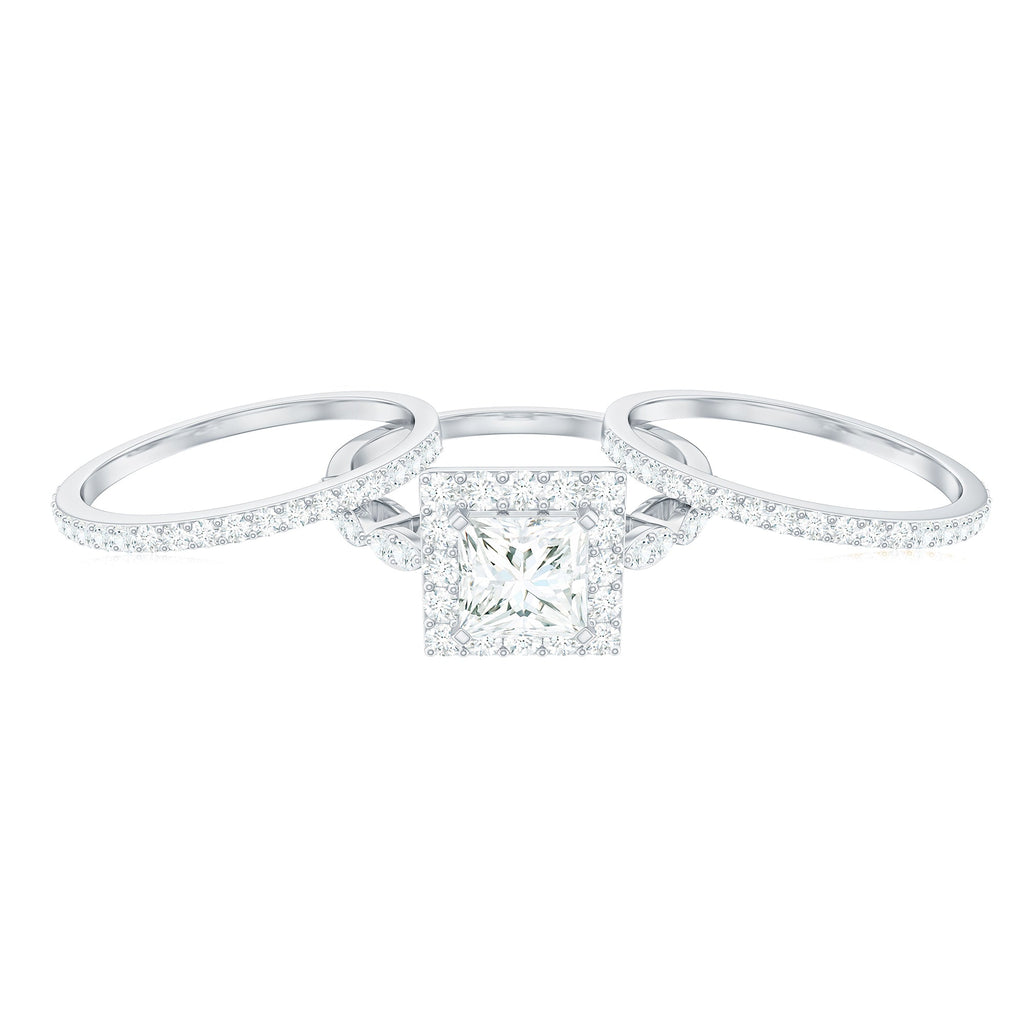 Princess Cut Moissanite Halo Engagement Ring with Wedding Bands