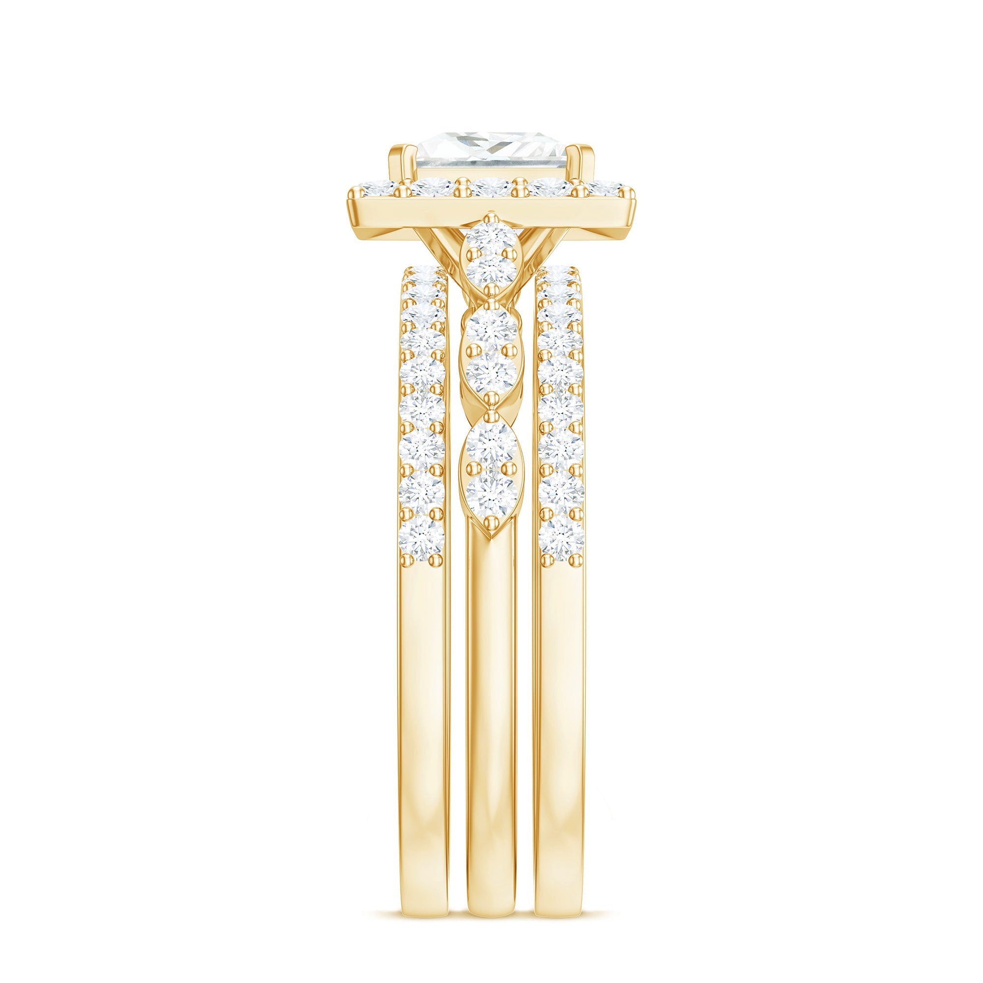 Princess Cut Moissanite Halo Engagement Ring with Wedding Bands