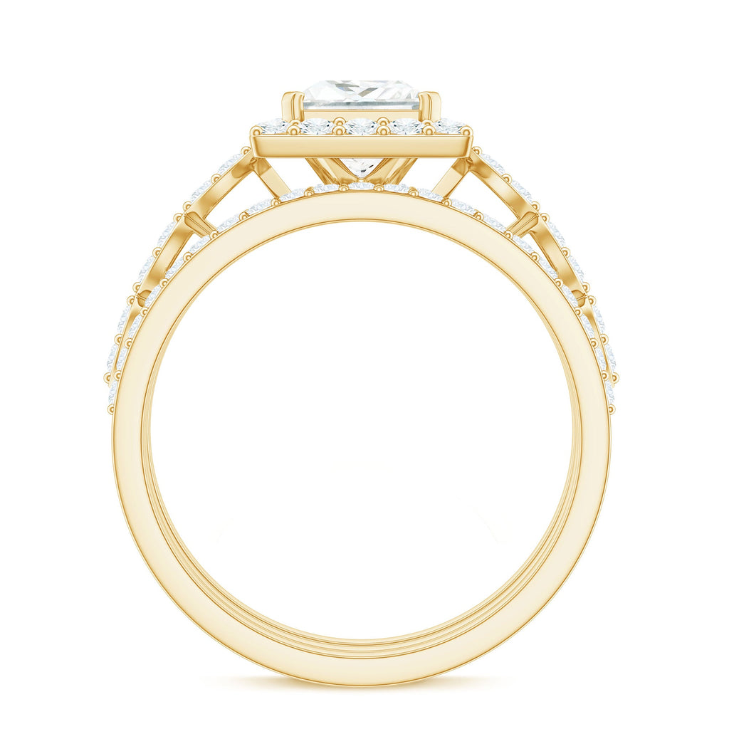 Princess Cut Moissanite Halo Engagement Ring with Wedding Bands