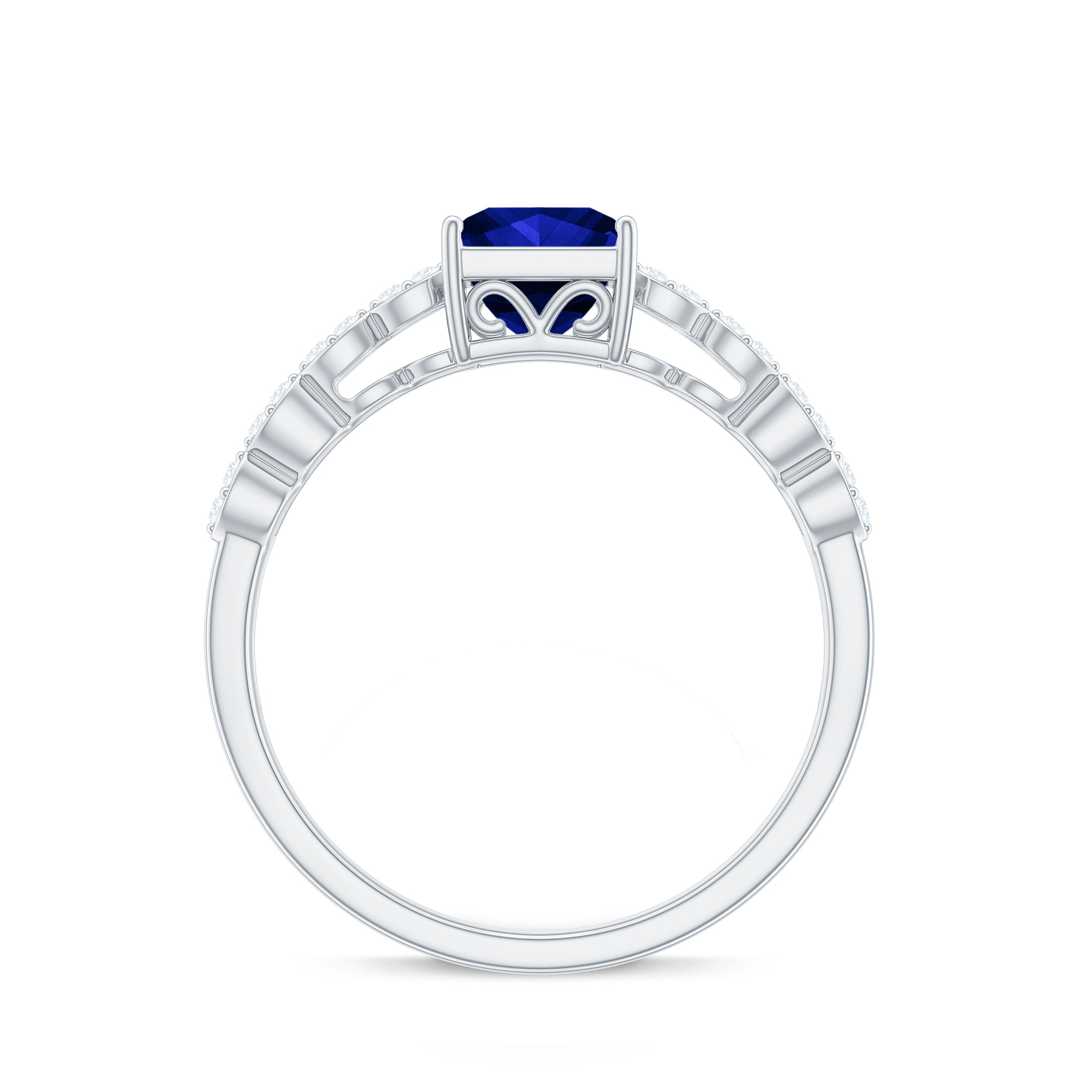 Certified 1.5 Carat Princess Cut Lab Grown Blue Sapphire Double Band Engagement Ring with Diamond