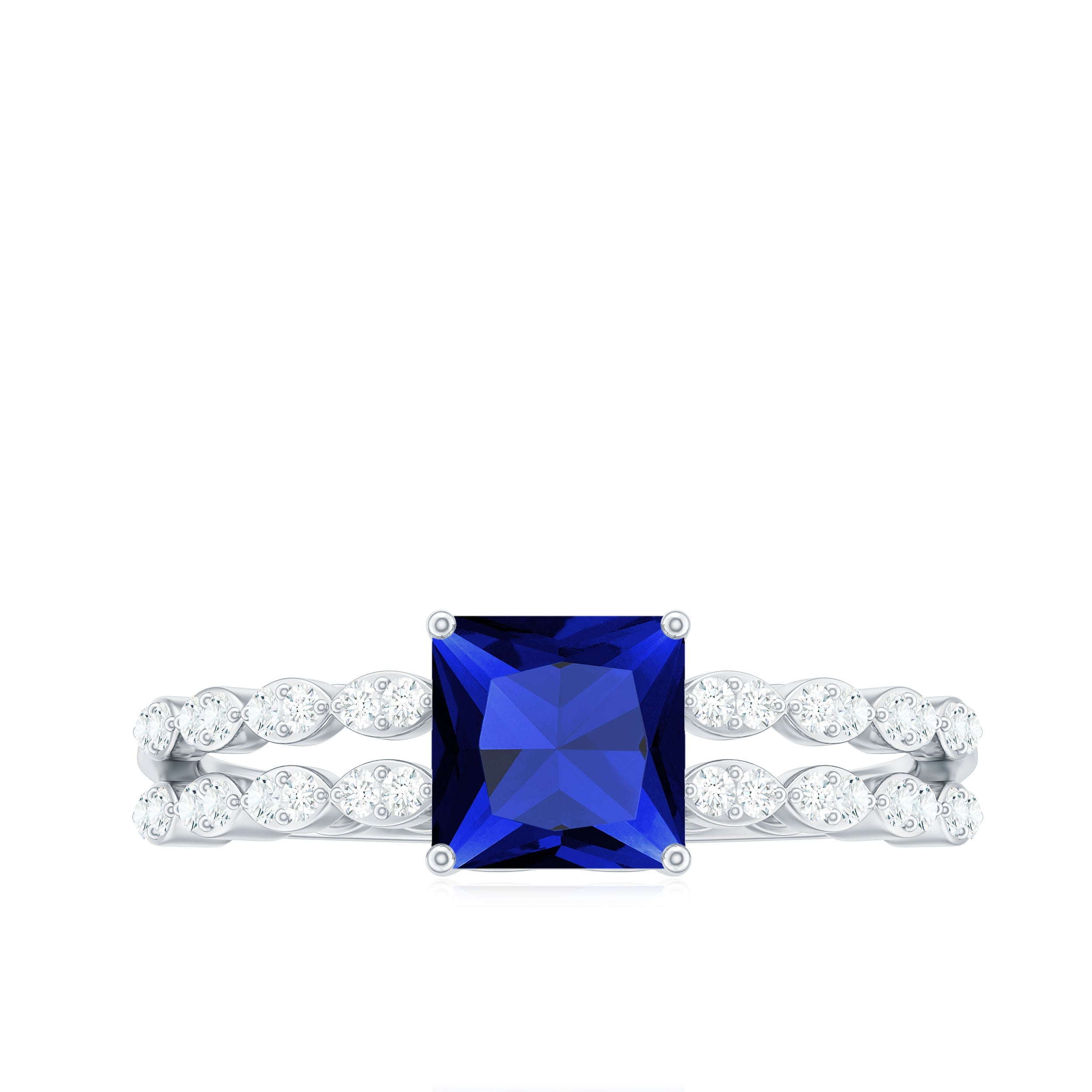 Certified 1.5 Carat Princess Cut Lab Grown Blue Sapphire Double Band Engagement Ring with Diamond