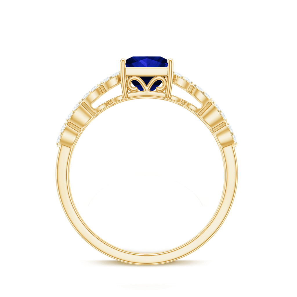 Certified 1.5 Carat Princess Cut Lab Grown Blue Sapphire Double Band Engagement Ring with Diamond