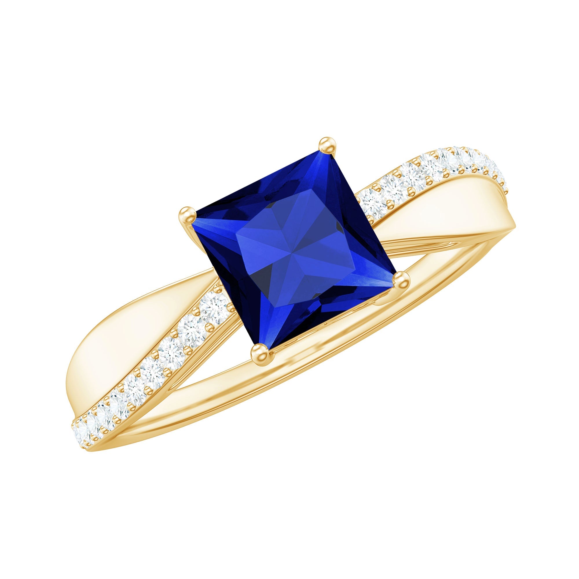 Certified 1.5 Carat Lab Grown Blue Sapphire Princess Cut Engagement Ring with Diamond