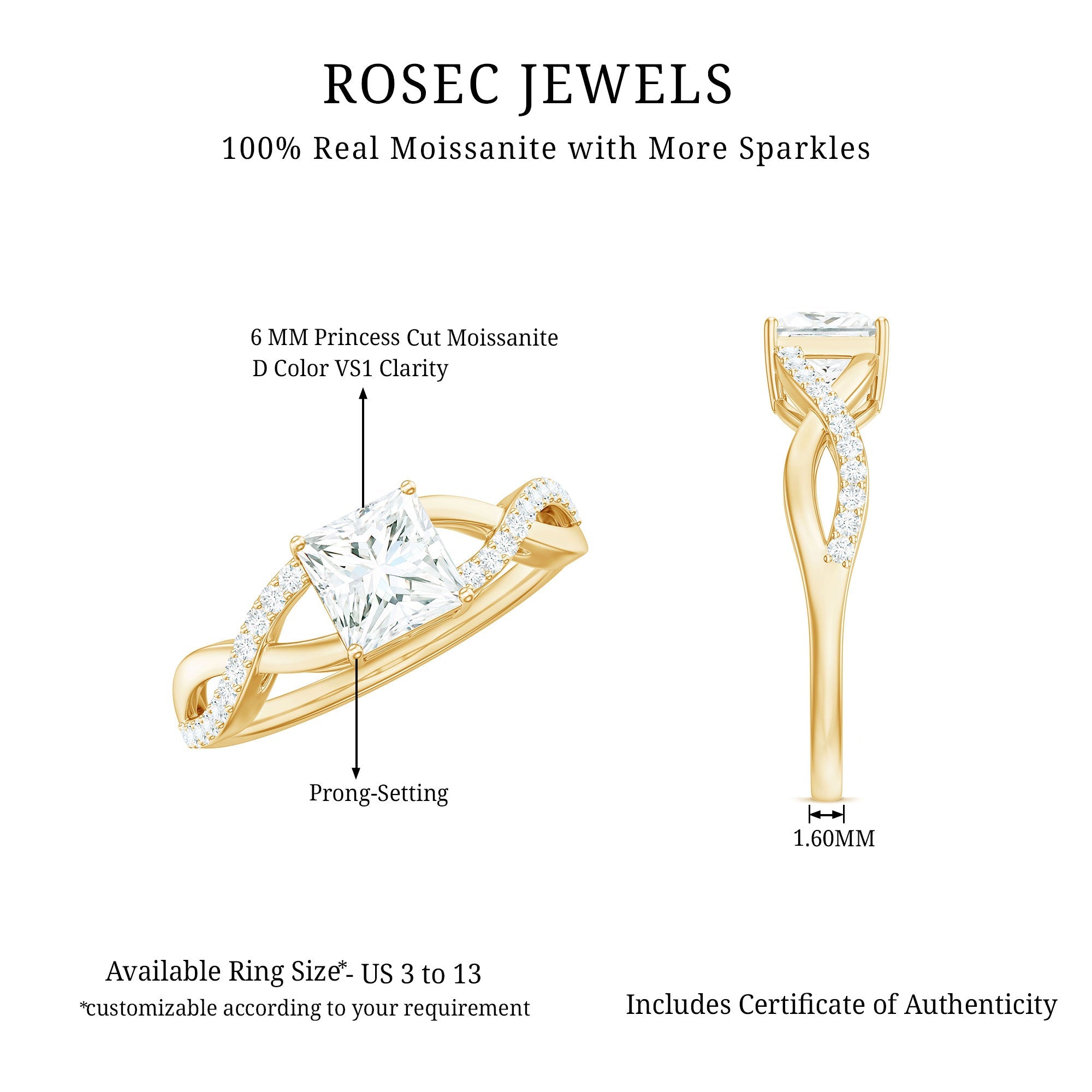 Princess Cut Moissanite Crossover Engagement Ring for Women