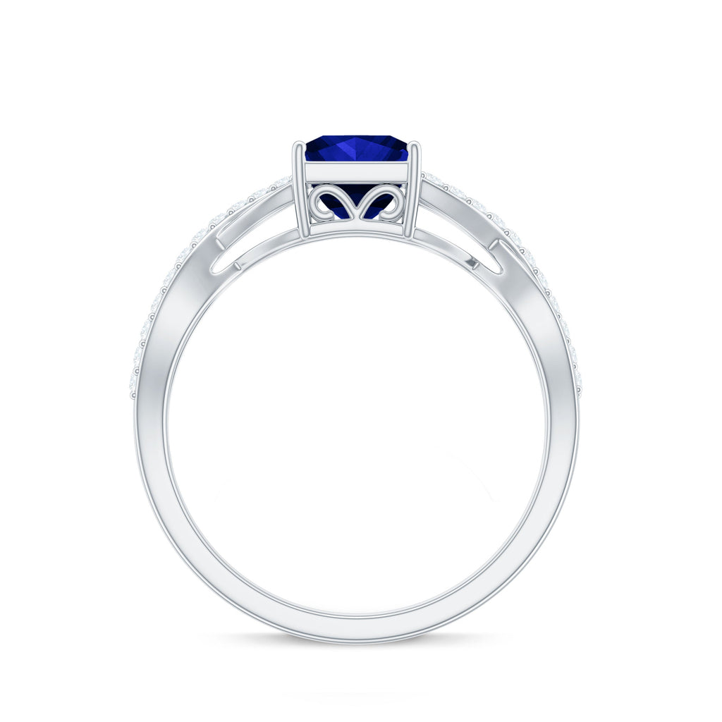 1.5 Carat Lab Grown Blue Sapphire Princess Cut Engagement Ring with Diamond Crossover Shank