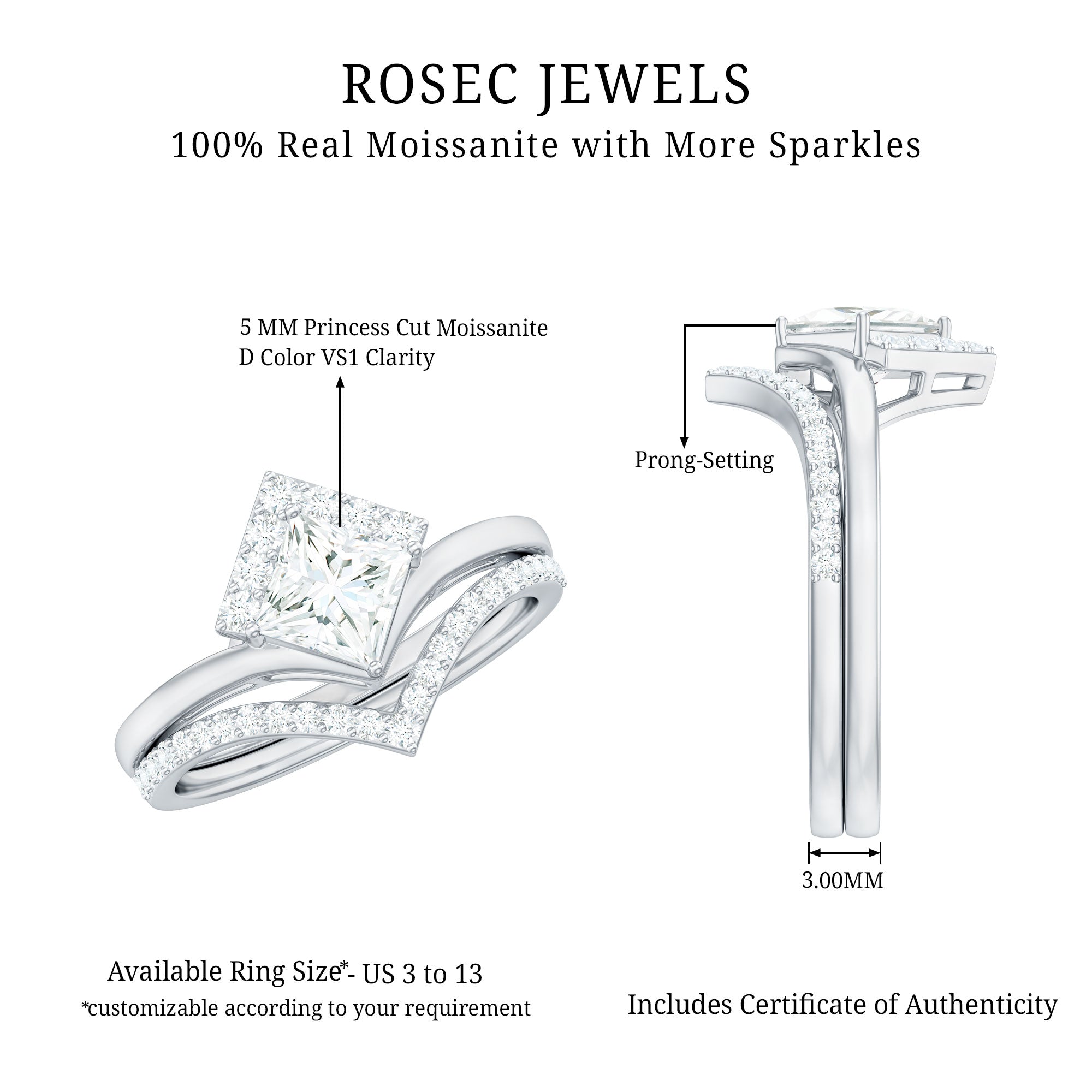 Certified Princess Cut Moissanite Wedding Ring Set for Women