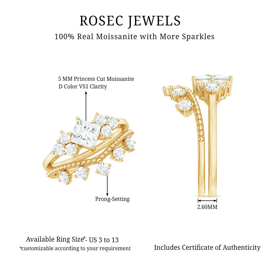 Princess and Round Cut Moissanite Wedding Ring Set