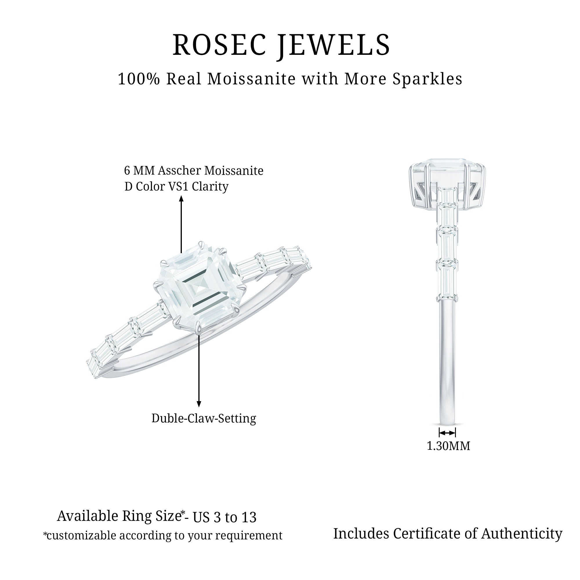 Asscher Cut Moissanite Engagement Ring with Baguette Side Stones