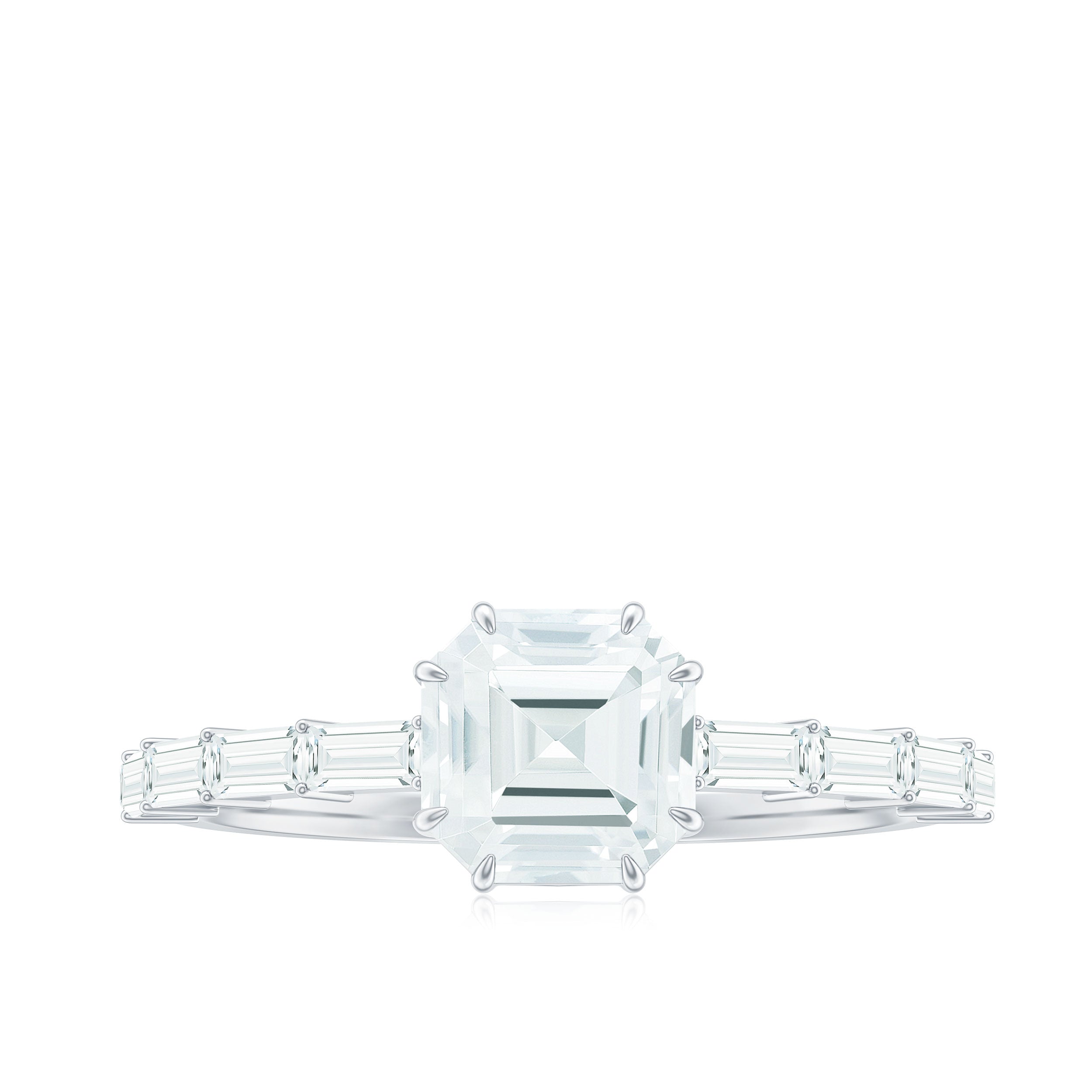 Asscher Cut Moissanite Engagement Ring with Baguette Side Stones