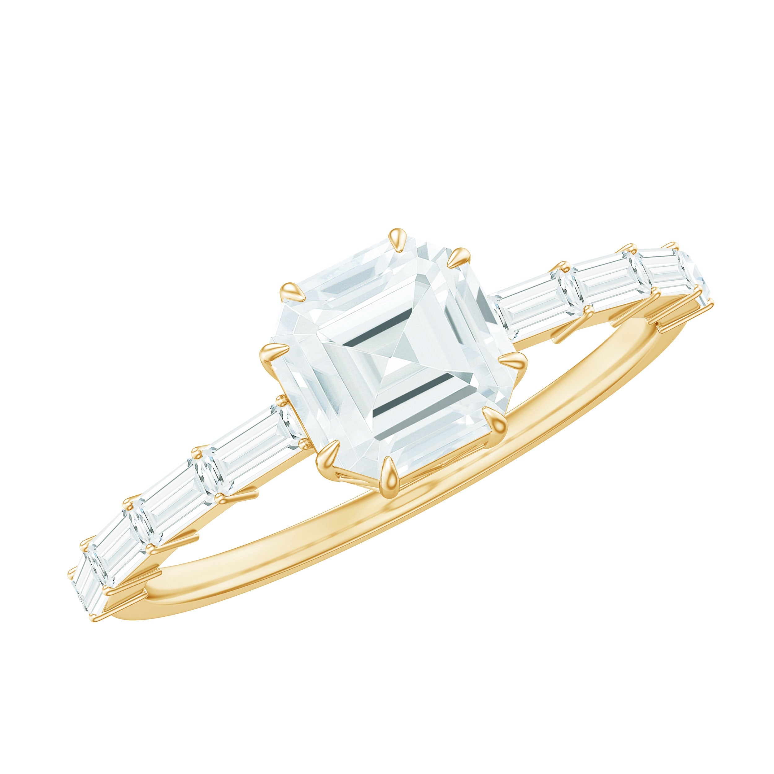 Asscher Cut Moissanite Engagement Ring with Baguette Side Stones