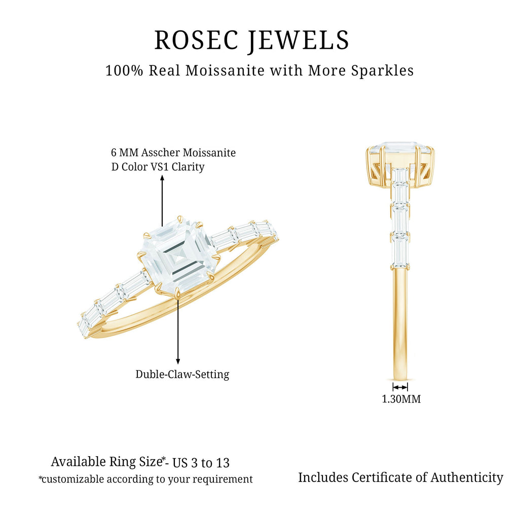 Asscher Cut Moissanite Engagement Ring with Baguette Side Stones
