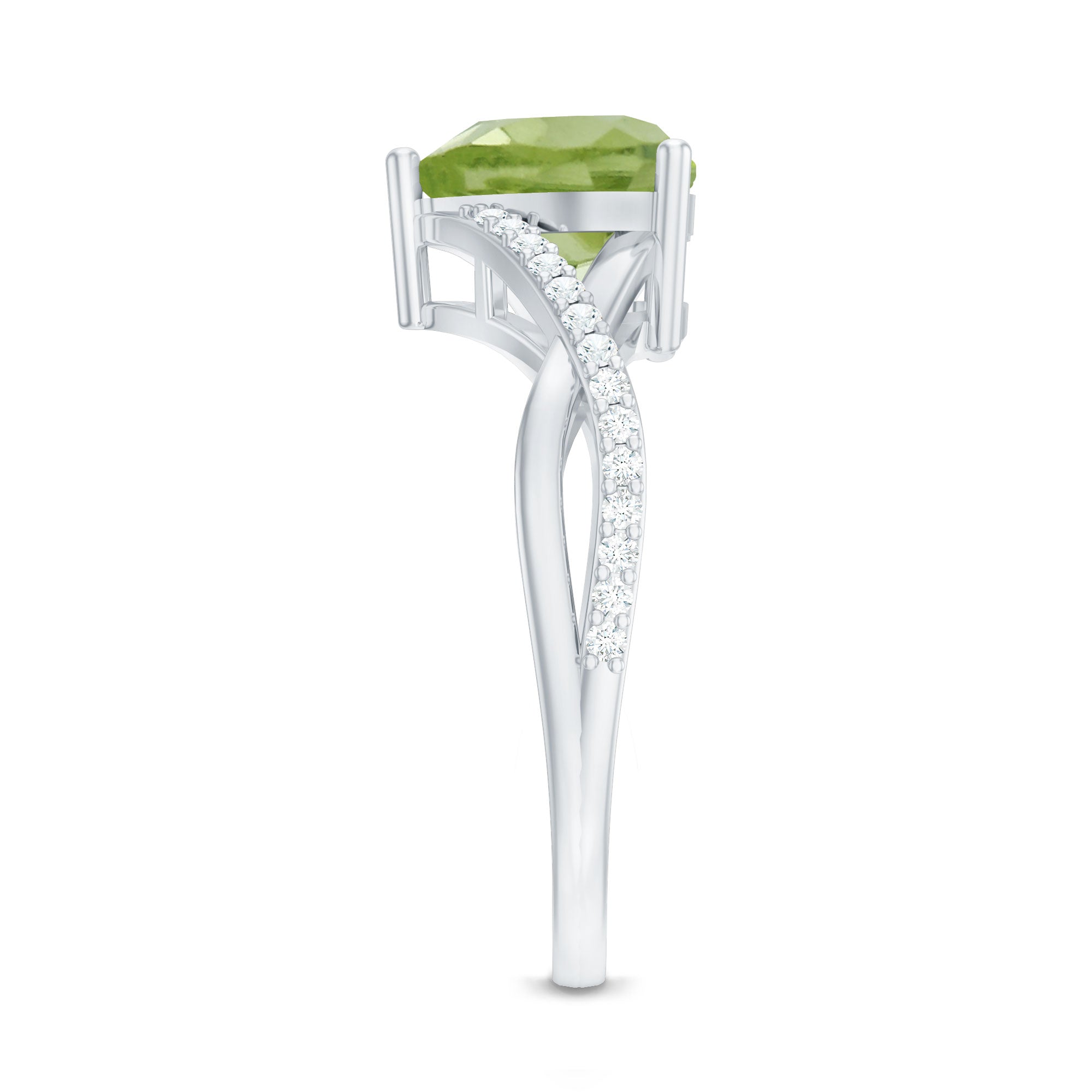 Natural 2 Carat Peridot Heart Engagement Ring with Diamond Crossover Shank
